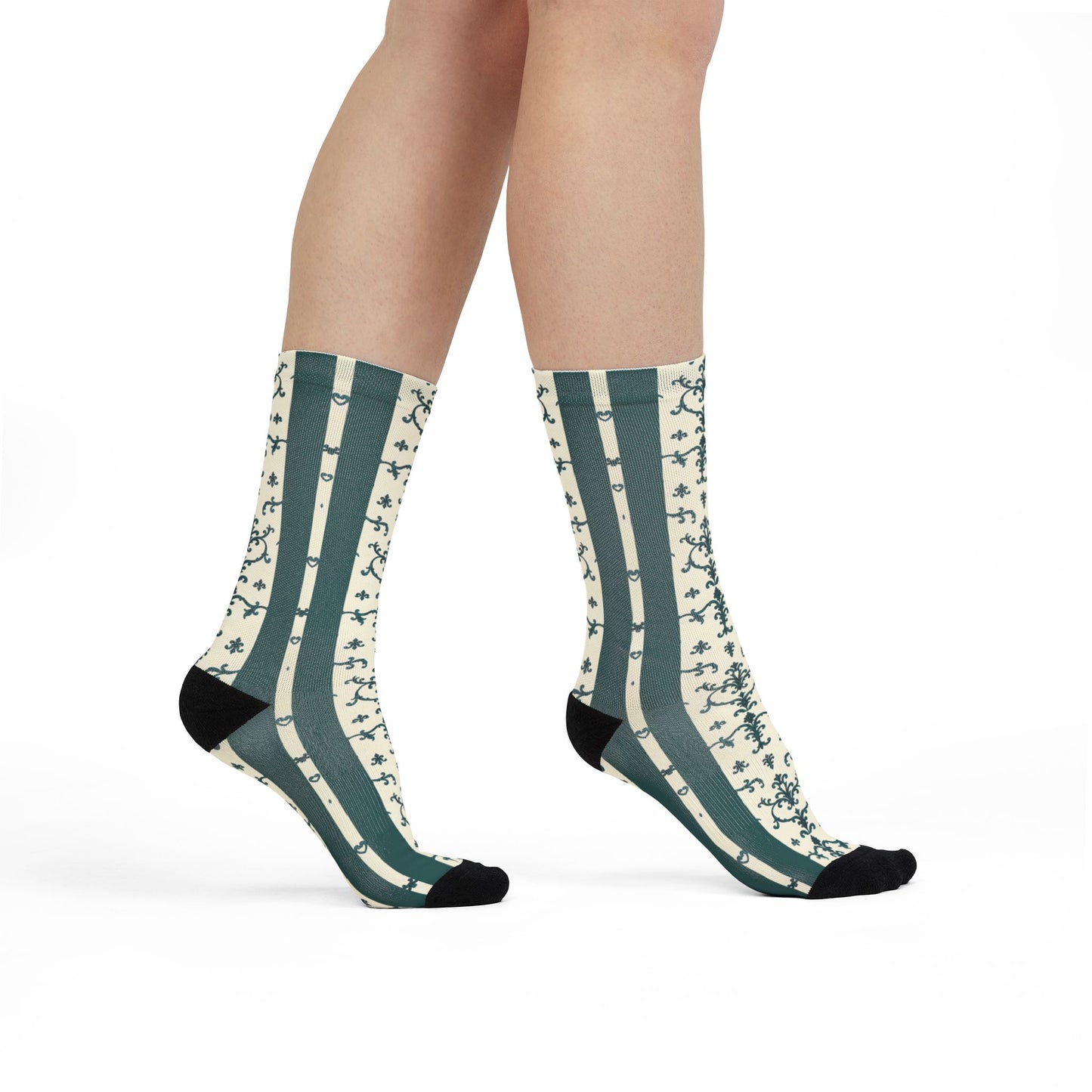 Vintage Unisex Patterned Crew Socks for Cozy Casual Wear, Fun Gift for Birthdays, Holidays, Athleisure, Fashion Statement - Teal Striped Rococo