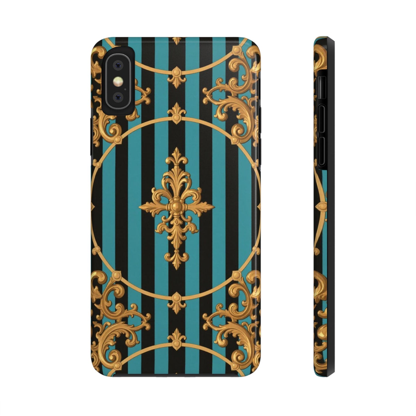 Elegant Turquoise & Black Striped Gold Baroque Phone Case, Tough Phone Cases for Fashion Lovers, Gift for Her, Luxury Accessories