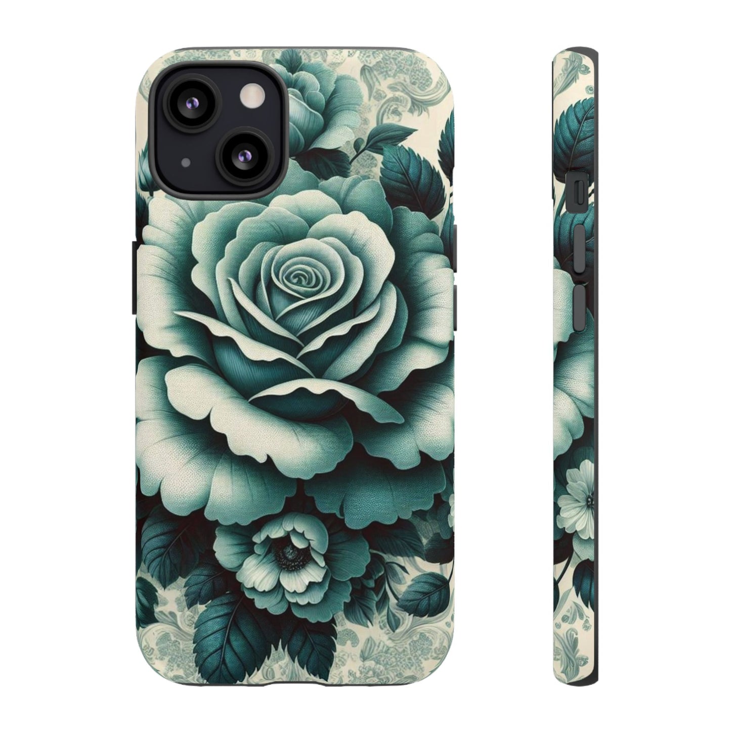 Elegant Floral Motif Phone Case - Tough Cases with Vintage Design - Teal Roses & Damask