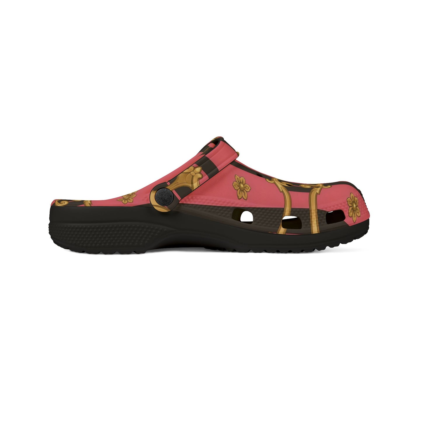Elegant Designer EVA Foam Shoes - Trendy Comfort for Summer Outings, Fashionable Footwear for Garden - Pink & Black Striped Gold Baroque