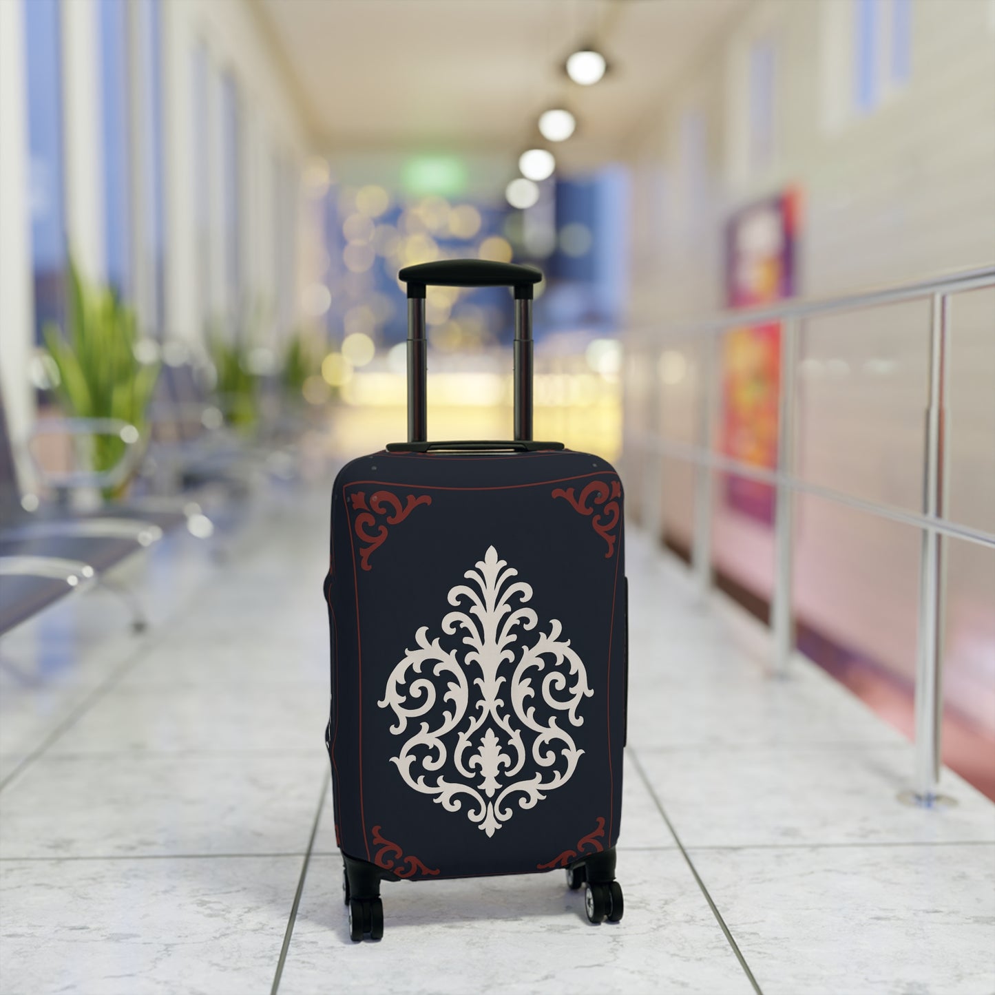 Dusk Blue-Maroon & White Baroque Luggage Cover — Dusk Blue & White Travel Protector