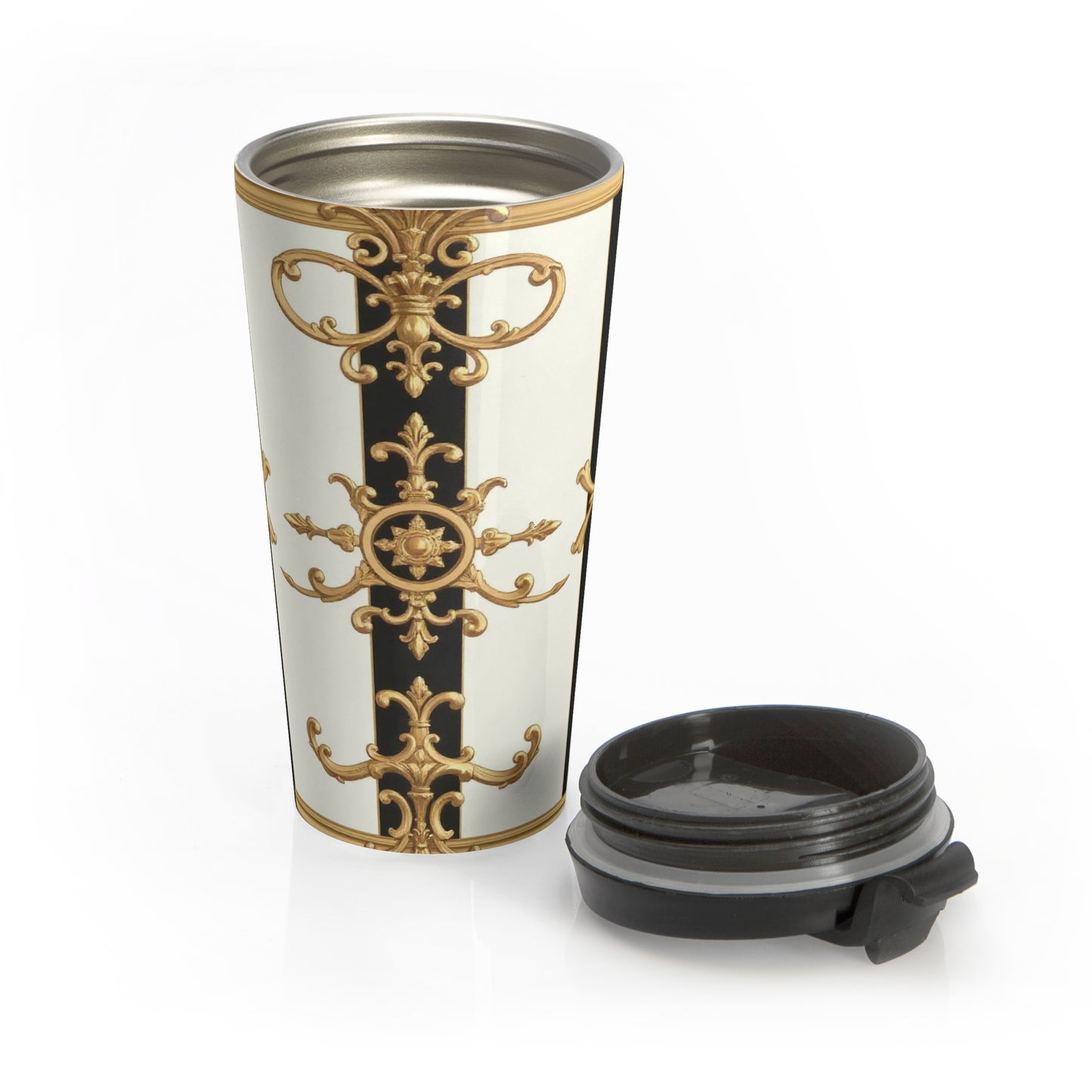 Elegant Stainless Steel Travel Mug with Ornate Design - Perfect Gift for Coffee Lovers, Travel Companion - Black & White Striped Gold Baroque