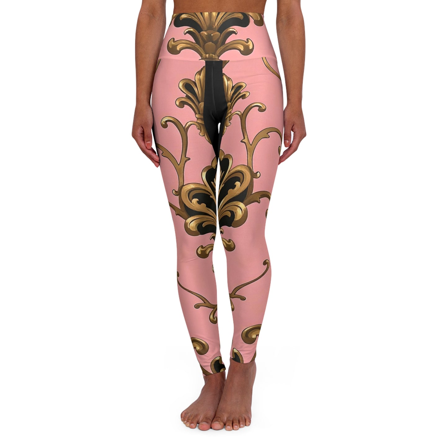 Elegant High Waisted Yoga Leggings, Floral Print Fitness Pants, Women's Workout Leggings - Pink, Black & Gold Rococo