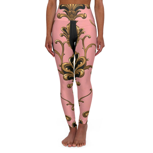 Elegant High Waisted Yoga Leggings, Floral Print Fitness Pants, Women's Workout Leggings - Pink, Black & Gold Rococo