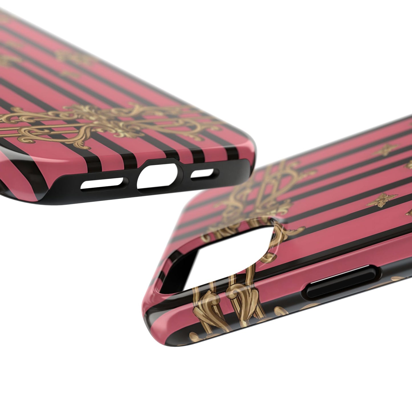Elegant Floral Phone Cases, Stylish Protective Case for Trendy Individuals, Unique Gift for Tech Lovers, Phone Accessories - Pink Striped Gold Rococo
