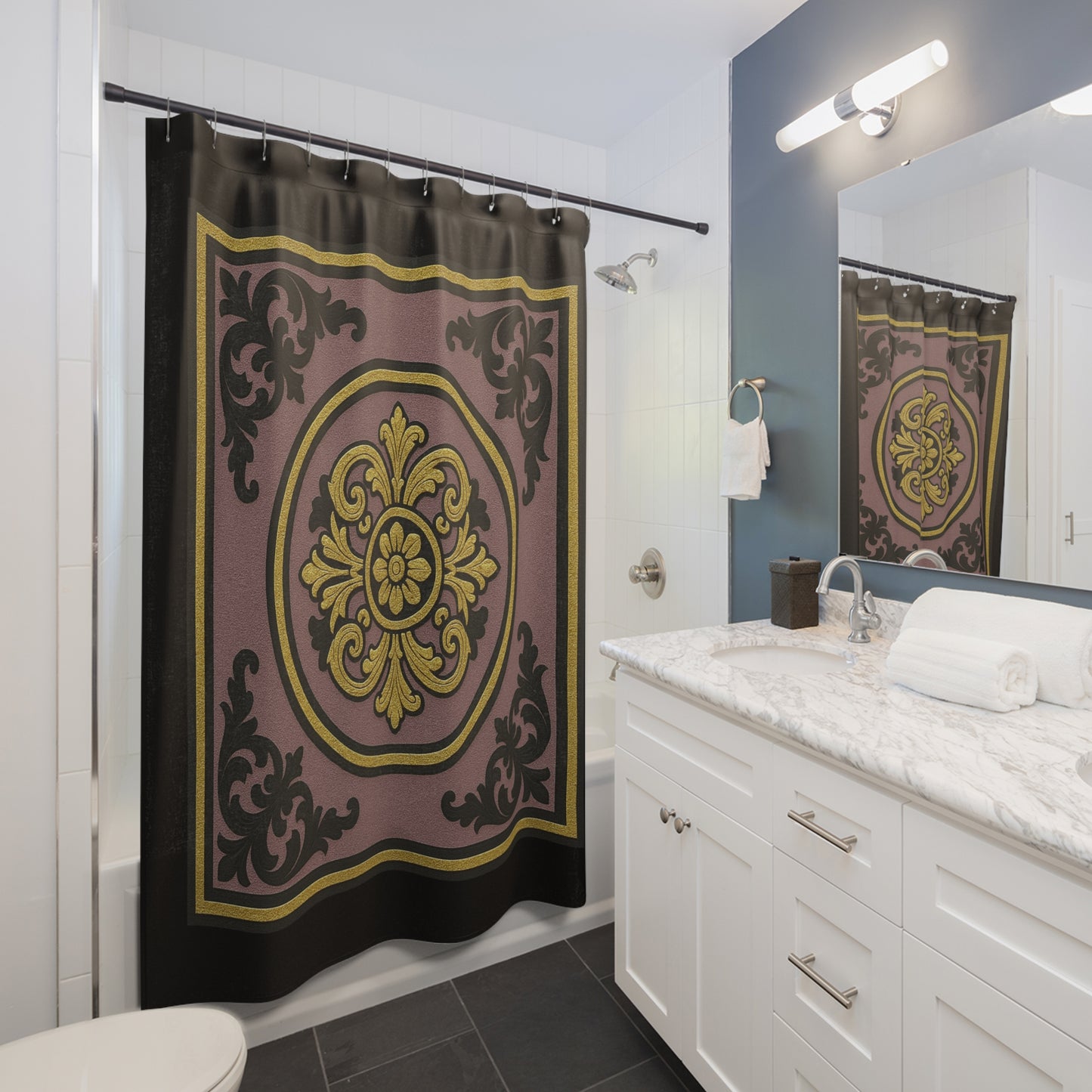 Elegant Gilded Mauve With Gold-Black Baroque Shower Curtain, Baroque Design, Luxurious Home Accessory, Gift for Housewarming