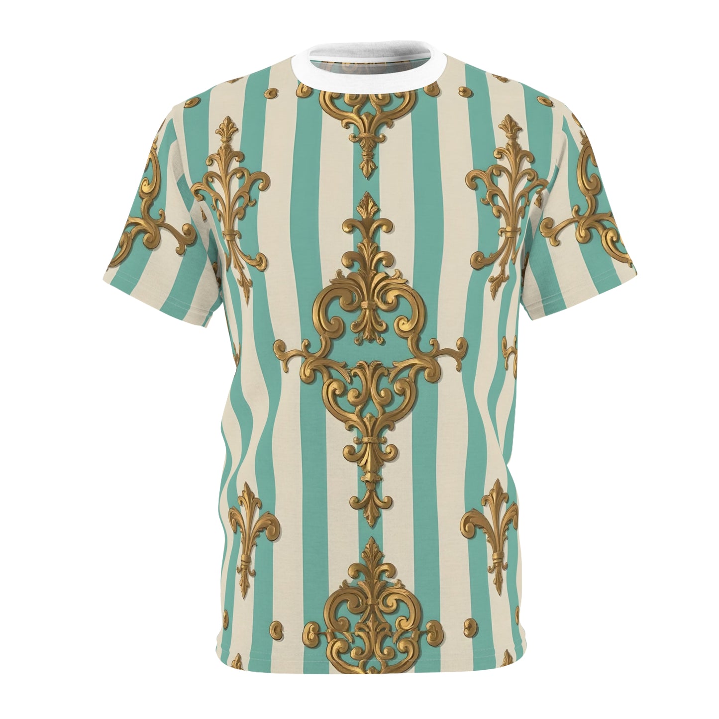 Vintage Elegance Unisex Tee, Bohemian Shirt, Stylish AOP Tee, Casual Fashion Top, Unique Gift for Him/Her - Matte Green Striped Rococo