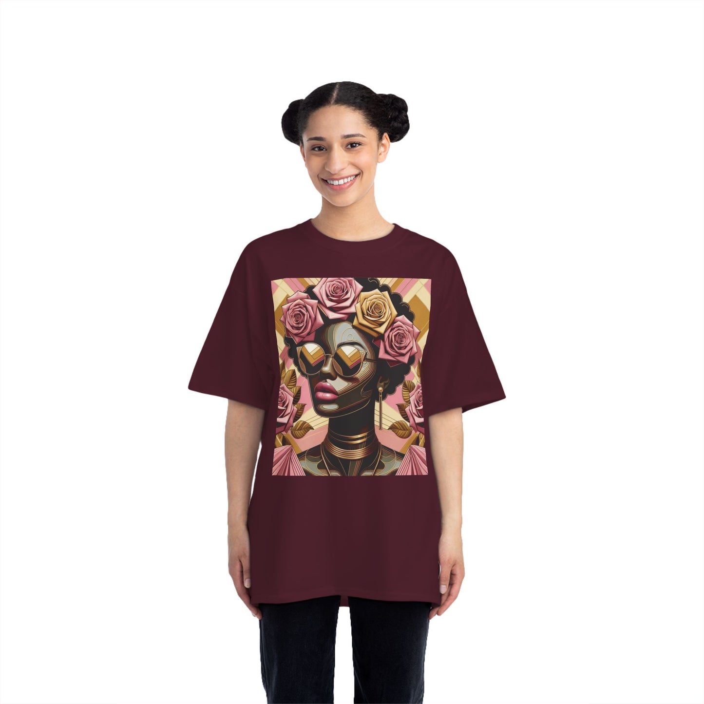 Artistic Floral Feminine T-Shirt, Stylish Tee with Mixed Media Design, Vibrant Short-Sleeve Top, Trendy Casual Wear - Pink Roses Lady
