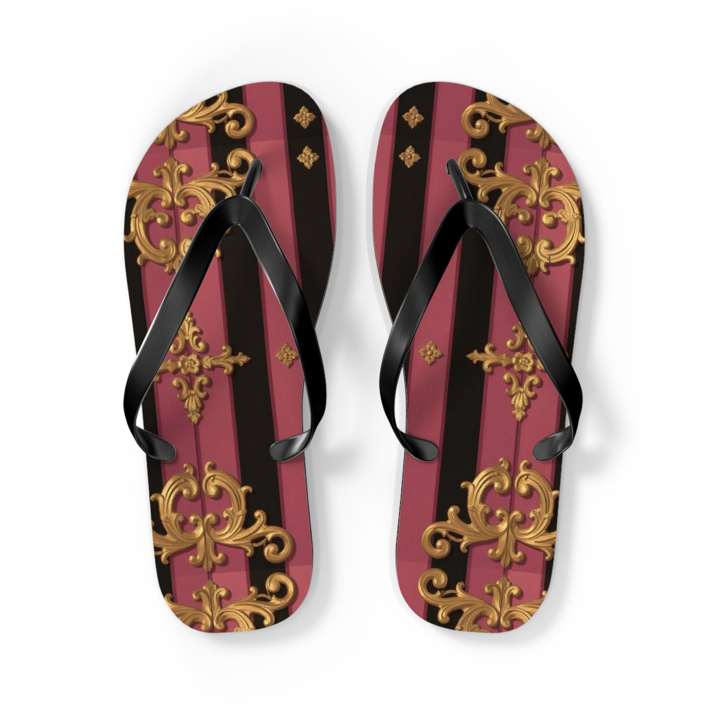 Elegant Black & Mauve Striped Gold Baroque Flip Flops, Chic Footwear for Summer, Pool Parties, Beach Days, Vacation Essentials
