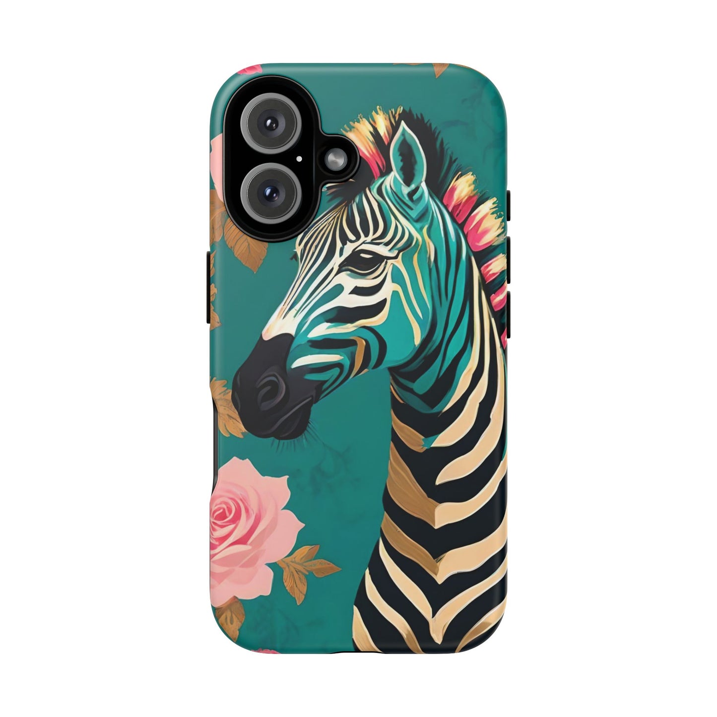 Phone Case - Elegant Teal & Gold Zebra & Roses Design