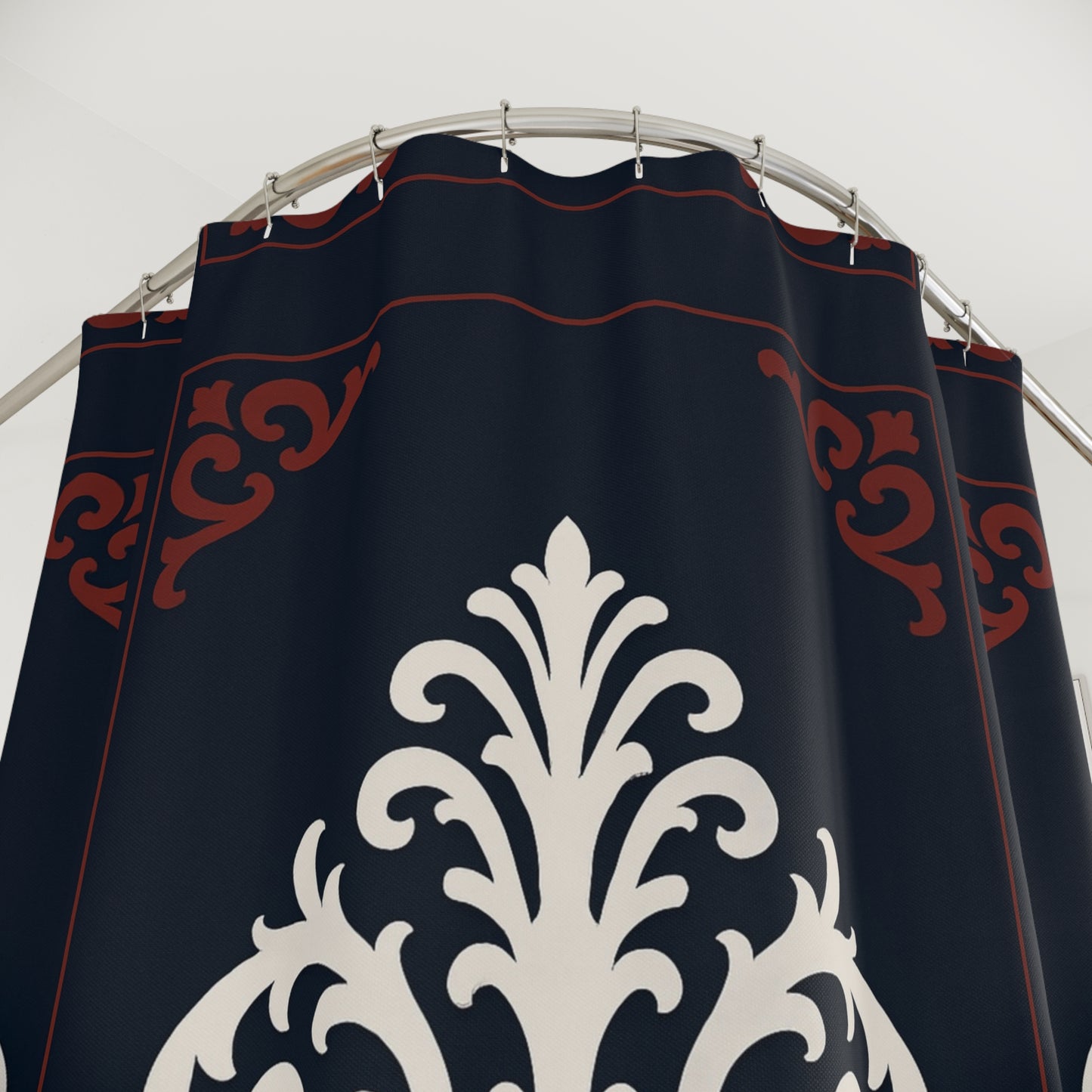 Dusk Blue-Maroon & White Baroque Shower Curtain — Elegant Dusk Blue & White Classic Bathroom Decor