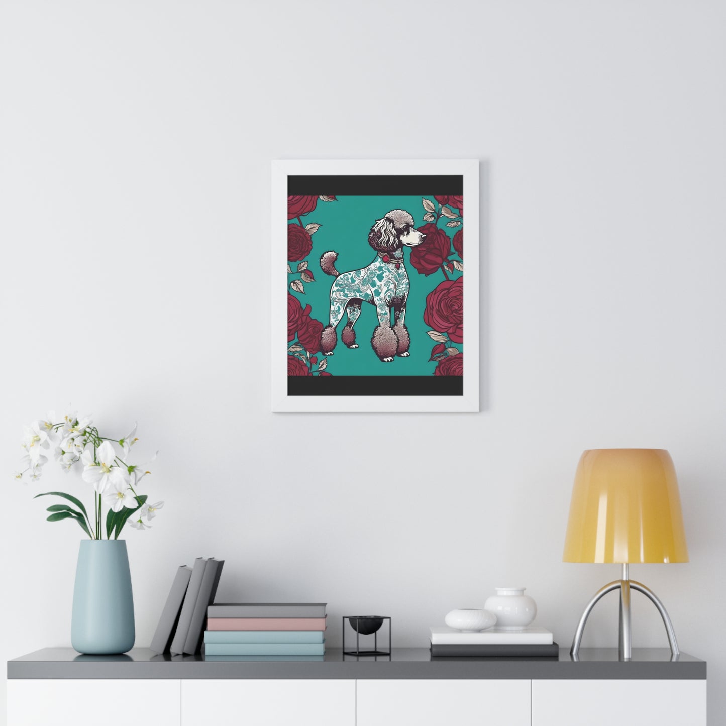 Vertical Poster - Stylish Framed - Art for Home Decor - Damask Aqua & White Poodle With Burgundy Roses