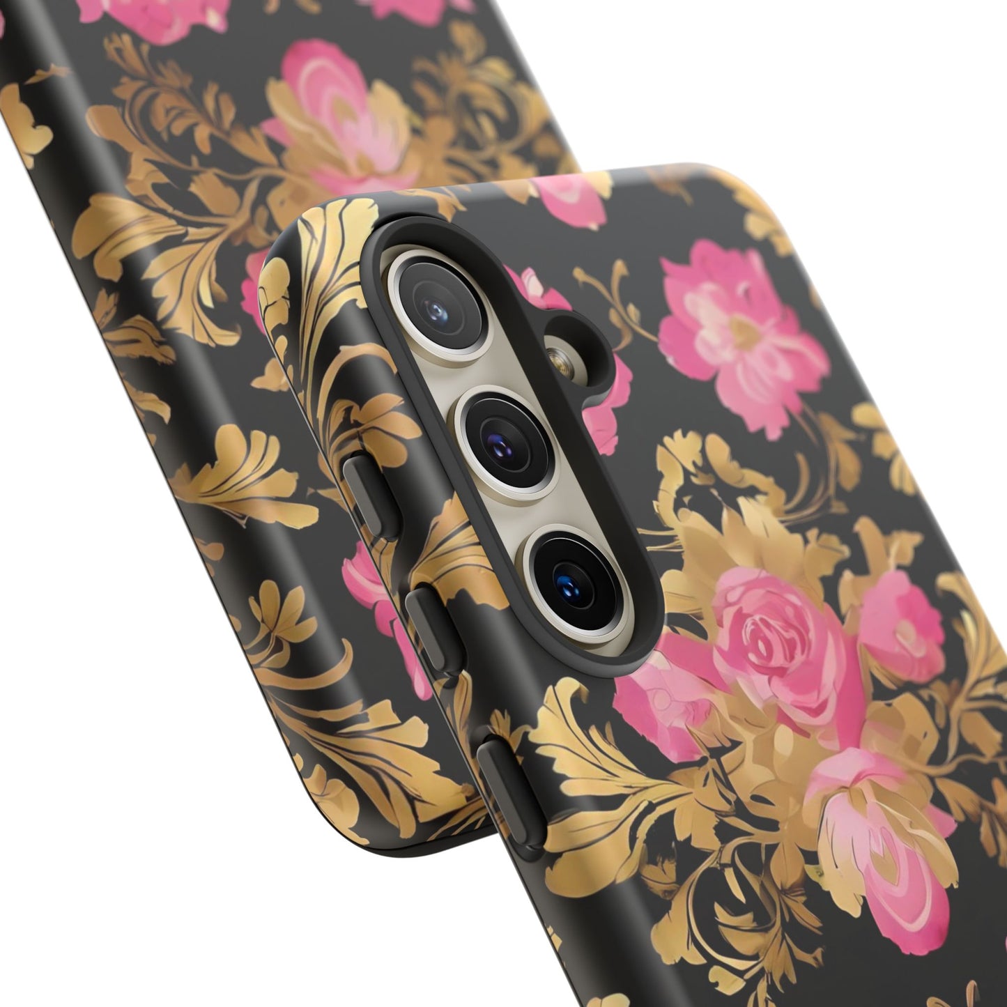 Elegant Floral Motif Phone Case - Tough Cases with Vintage Design - Pink & Gold Roses