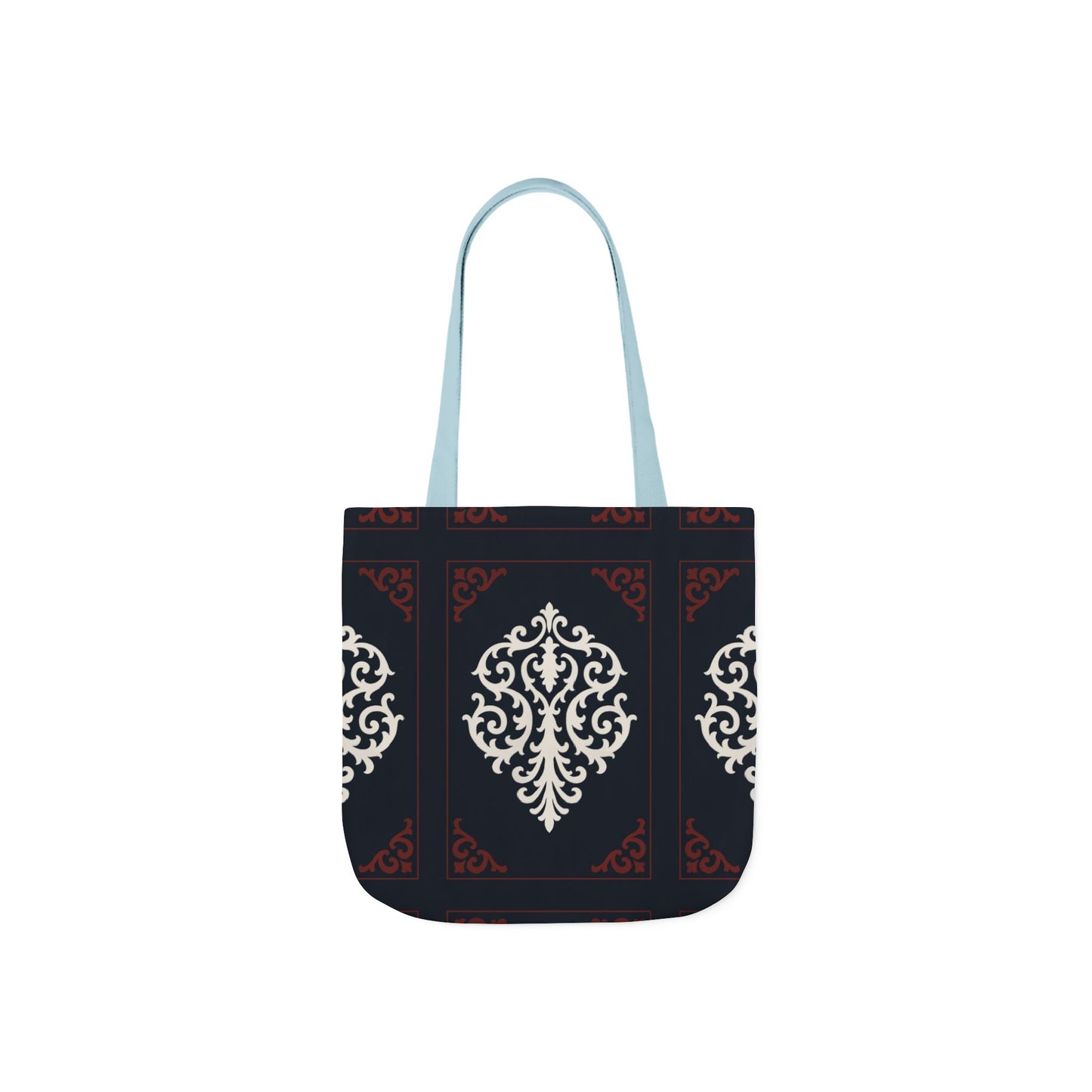 Dusk Blue-Maroon & White Baroque Pattern Canvas Tote Bag — Elegant Dusk Blue & White Reusable Market Bag