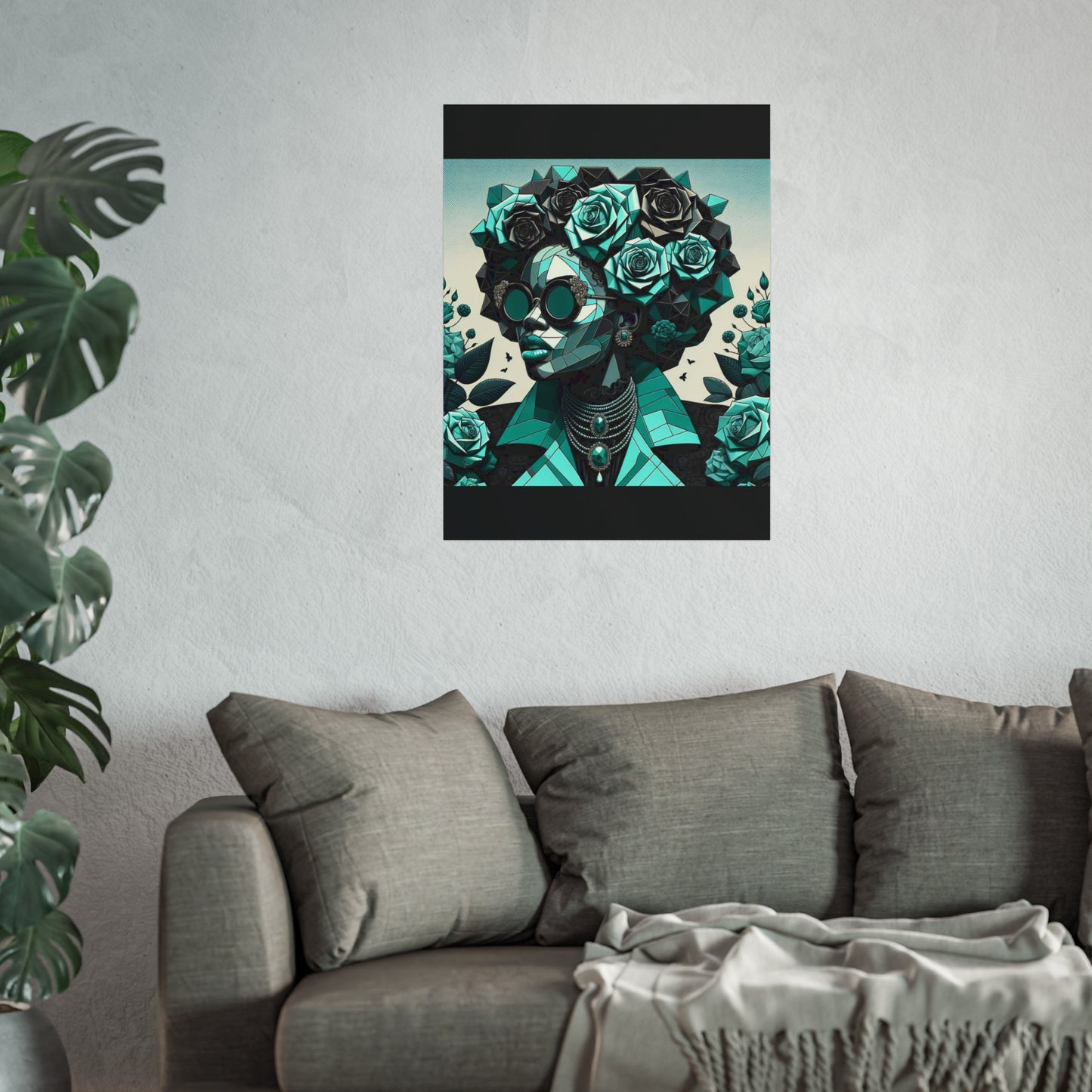 Chic Floral Fine Art Poster | Modern Wall Decor, Home Aesthetic, Gift for Art Lovers, Unique Room Makeover - Turquoise & Black Roses Lady