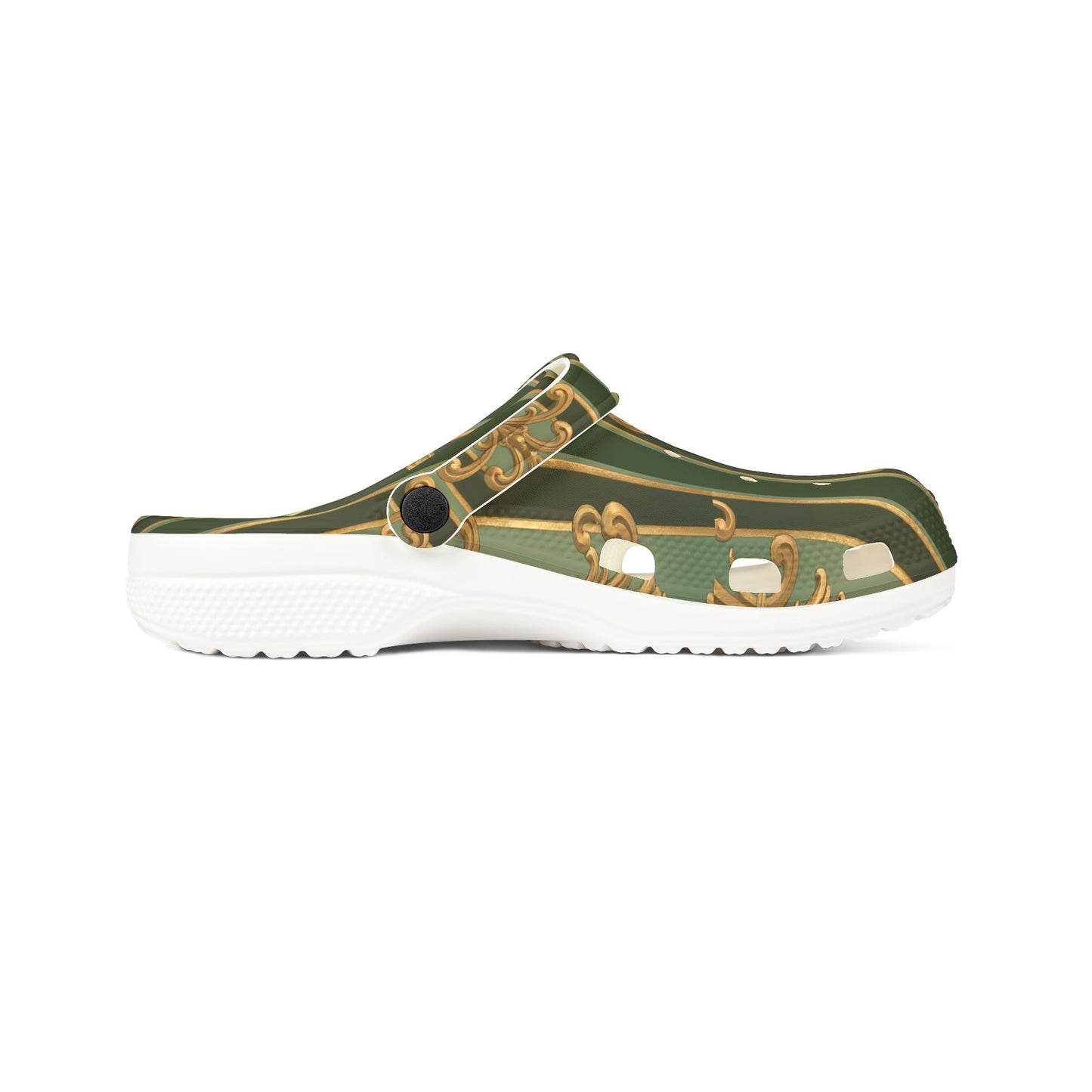 Stylish AOP EVA Foam Clogs, Trendy Foam Shoes for Comfort, Garden Sandals, Summer Outdoor Footwear - Green Striped Gold Baroque