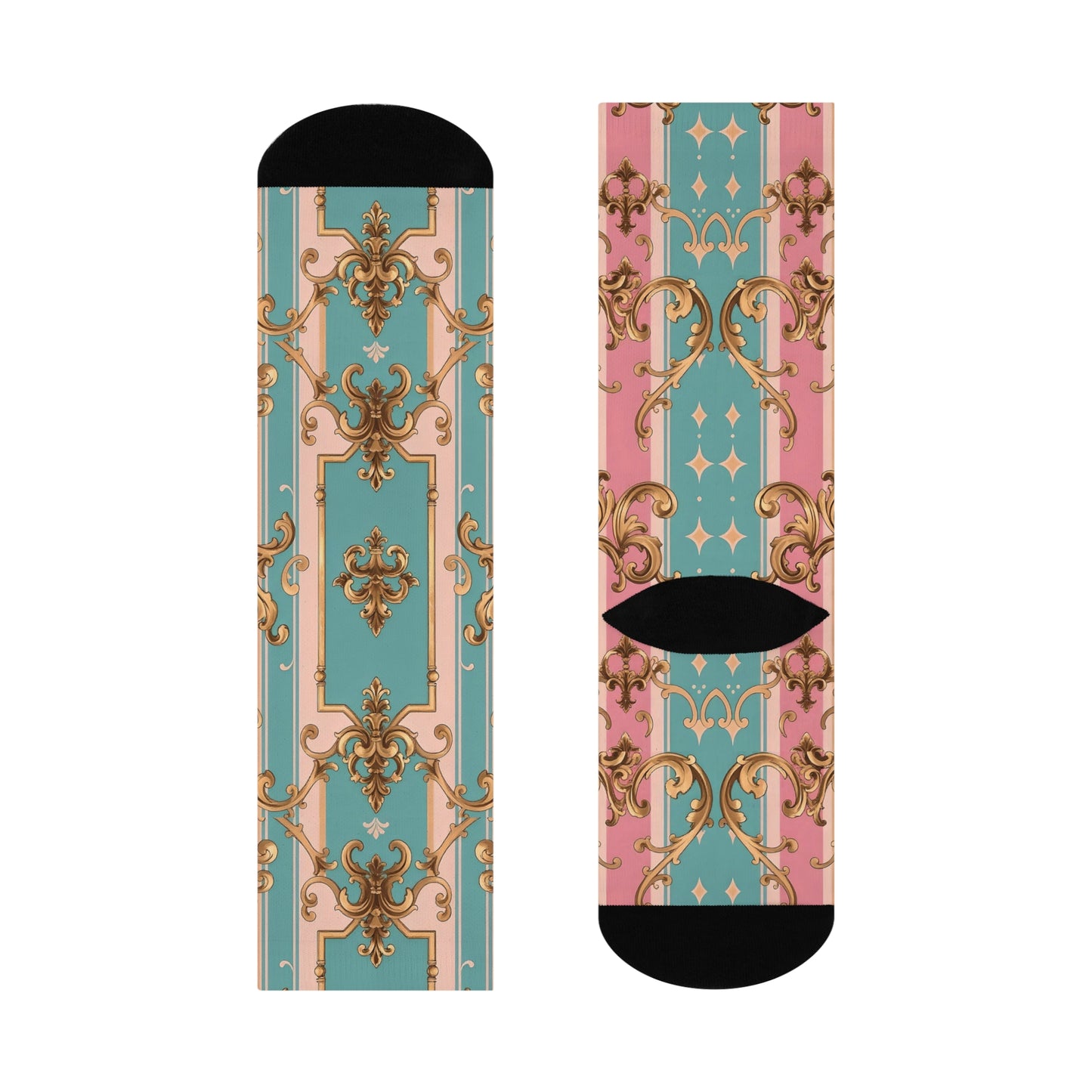 Stylish Cushioned Crew Socks, Comfortable Fashion Socks, Decorative Crew Length Socks - Pink & Matte Turquoise Striped Rococo