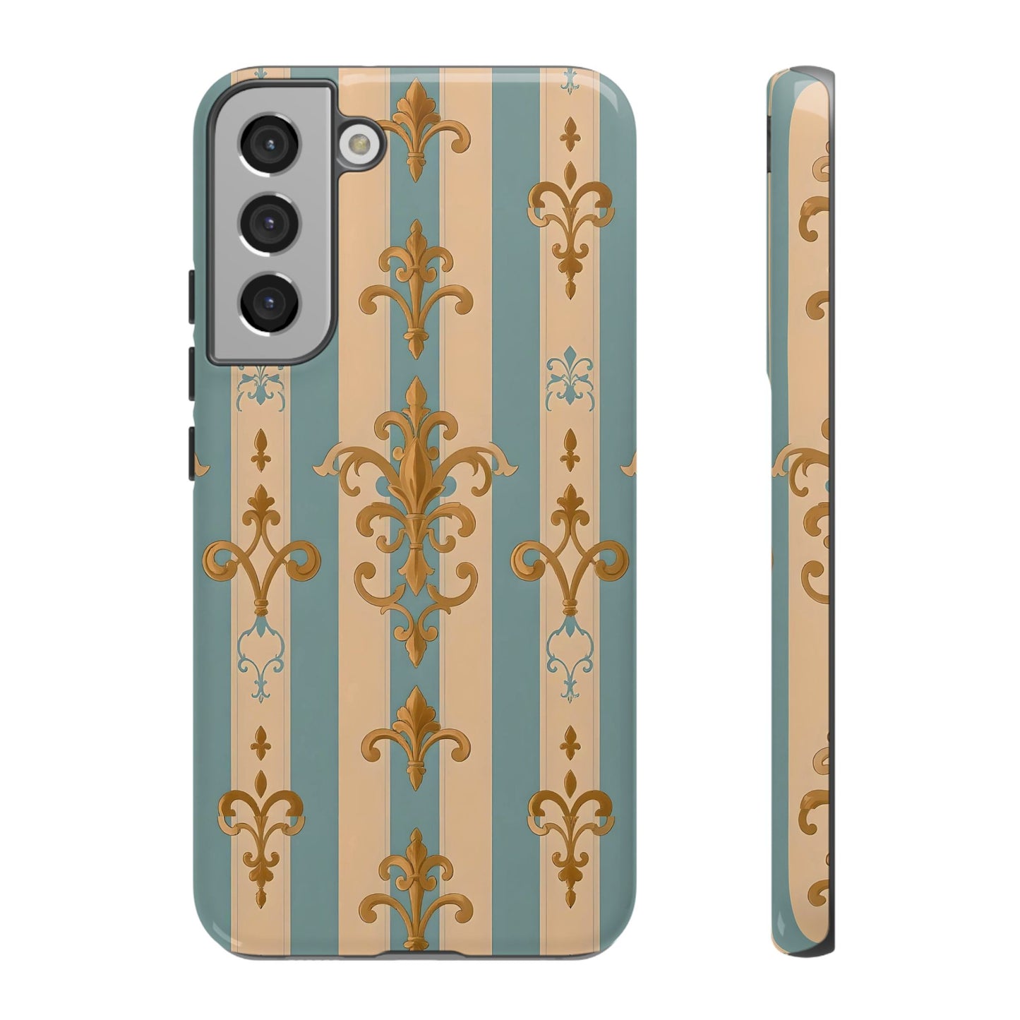 Elegant Floral Motif Phone Case - Tough Cases with Vintage Design -  Beige & Sky Blue Striped Gold Damask