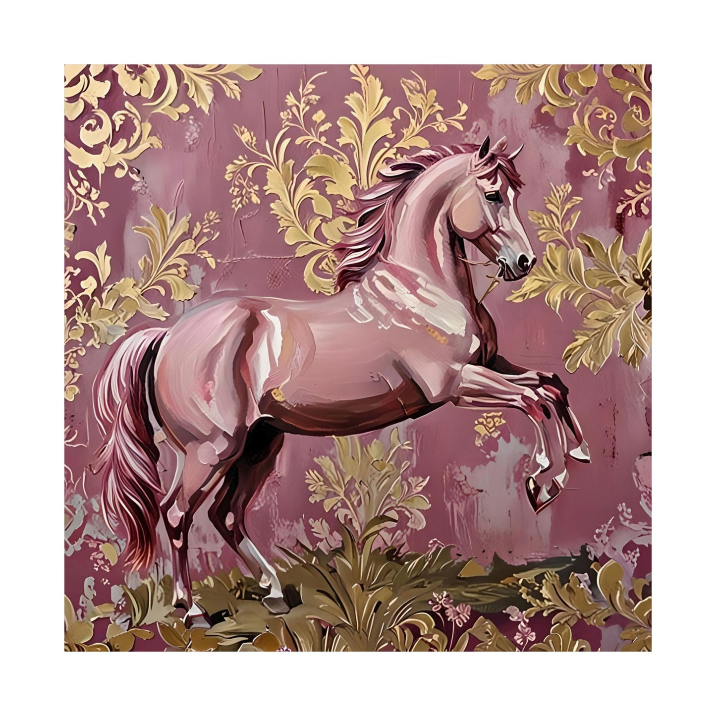 Floral Motif Art Poster - Elegant Matte Vertical Wall Decor - Mauve Horse & Gold Damask