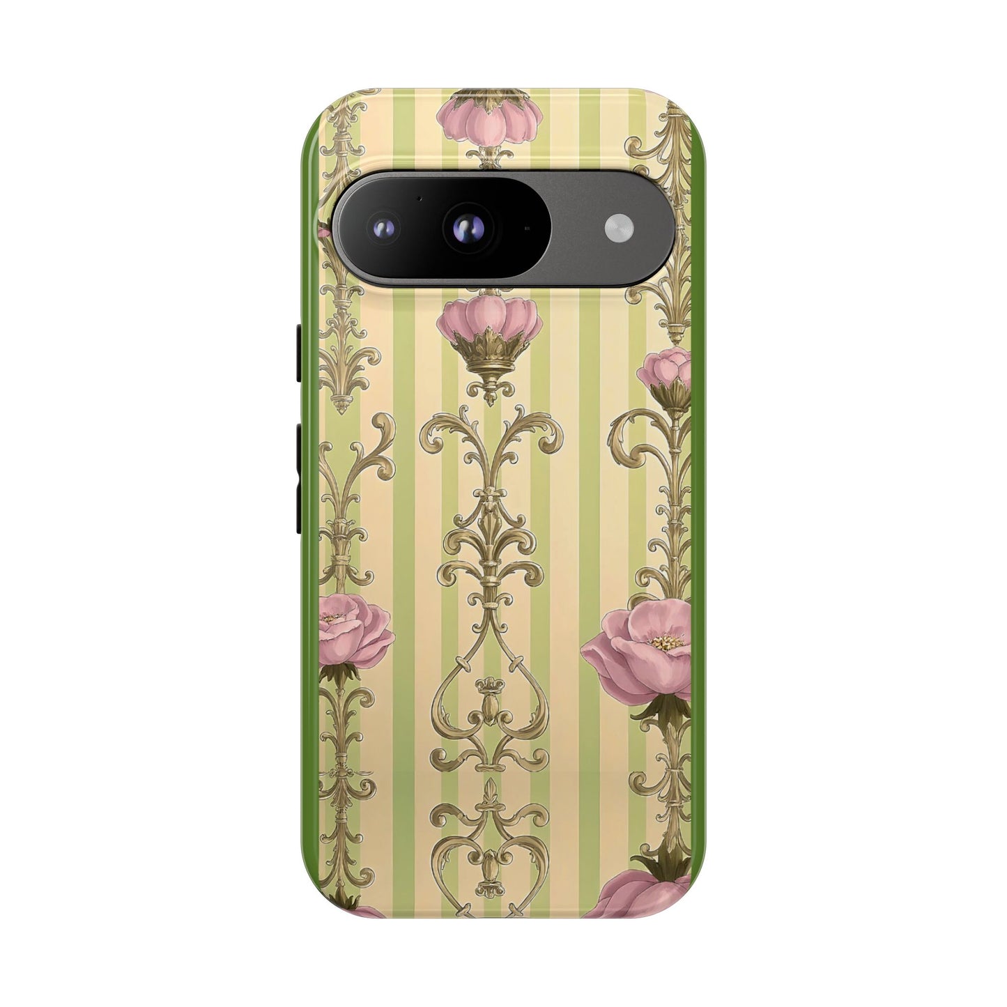 Elegant Floral Motif Phone Case - Tough Cases with Vintage Design - Lime Green & Pink Striped Damask