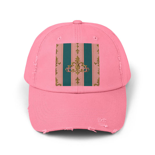 Chic Vintage Distressed Cap, Trendy Unisex Baseball Hat, Fashionable Everyday Wear - Pink & Teal Striped Gold Baroque