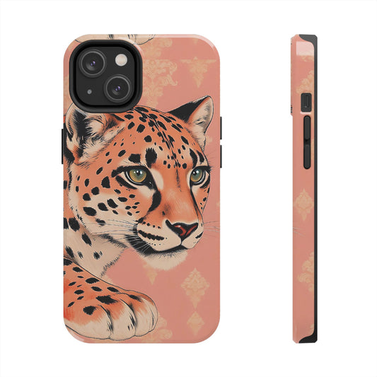 Leopard Tough Phone Case - Trendy Floral Motif Design for Animal Lovers - Peach Leopard & Damask