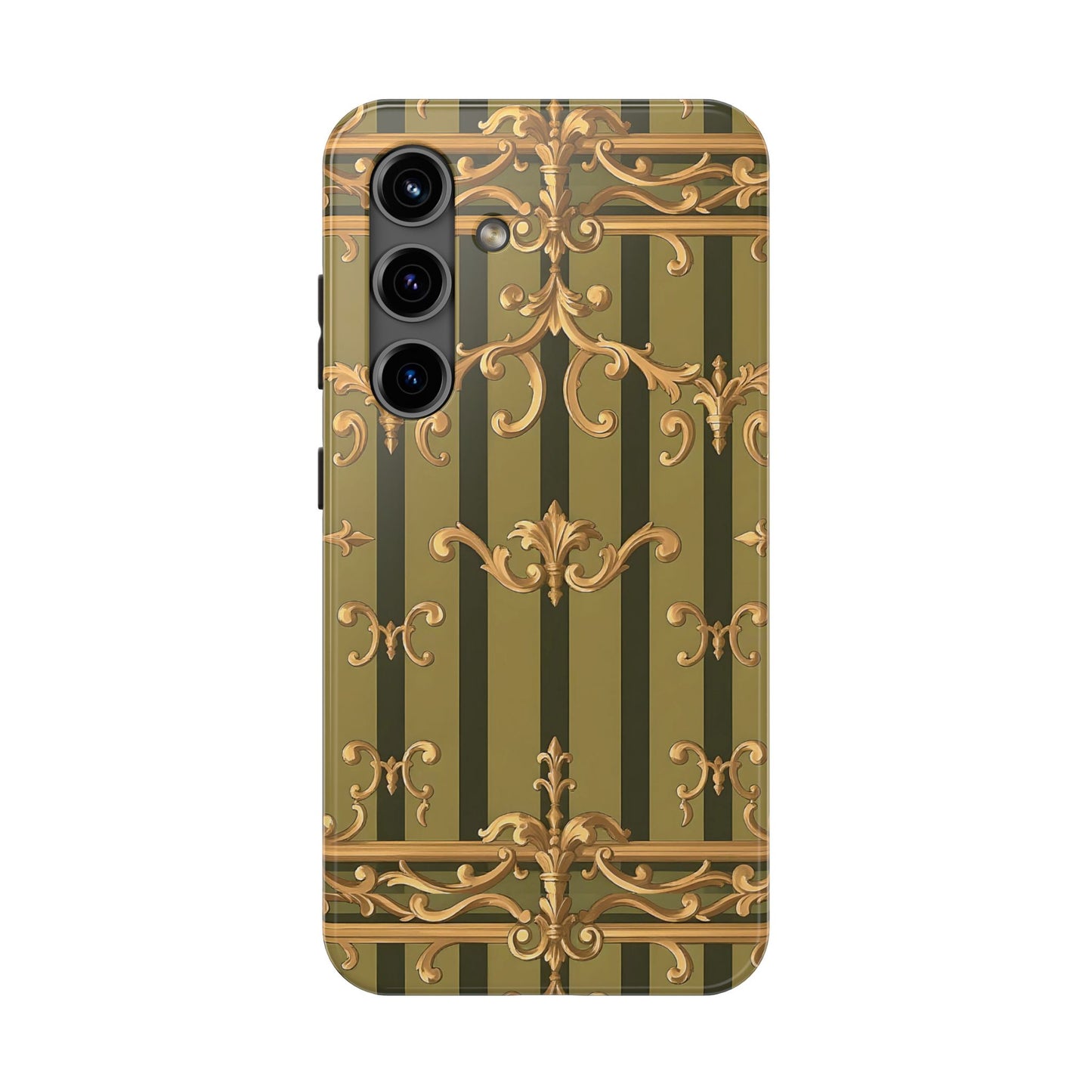 Elegant Vintage Phone Case - Tough Protection with Classy Design, Stylish Phone Cover for Fashion Lovers - Olive Green Striped Rococo