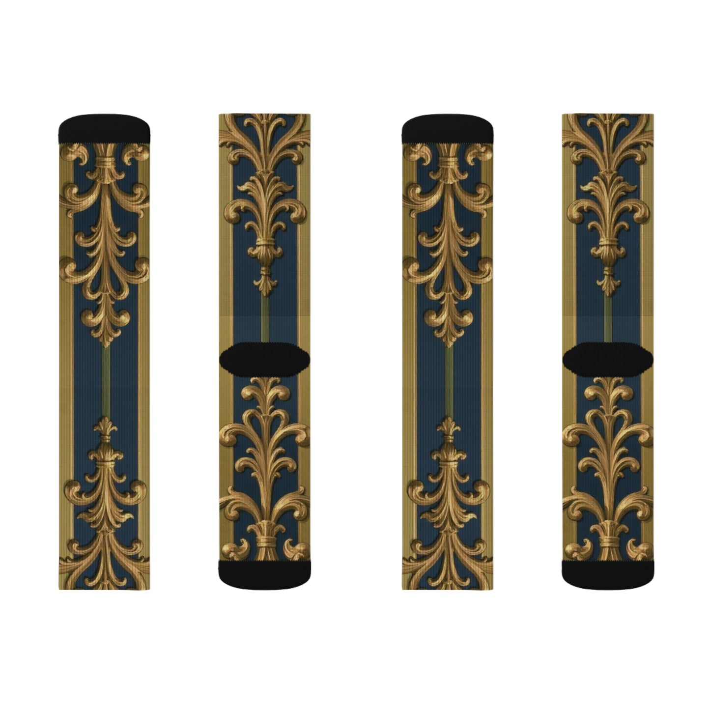 Elegant Midnight Blue & Olive Striped Gold Baroque Sublimation Socks, Stylish Patterned Socks, Trendy Gift Socks, Fashion Accessories