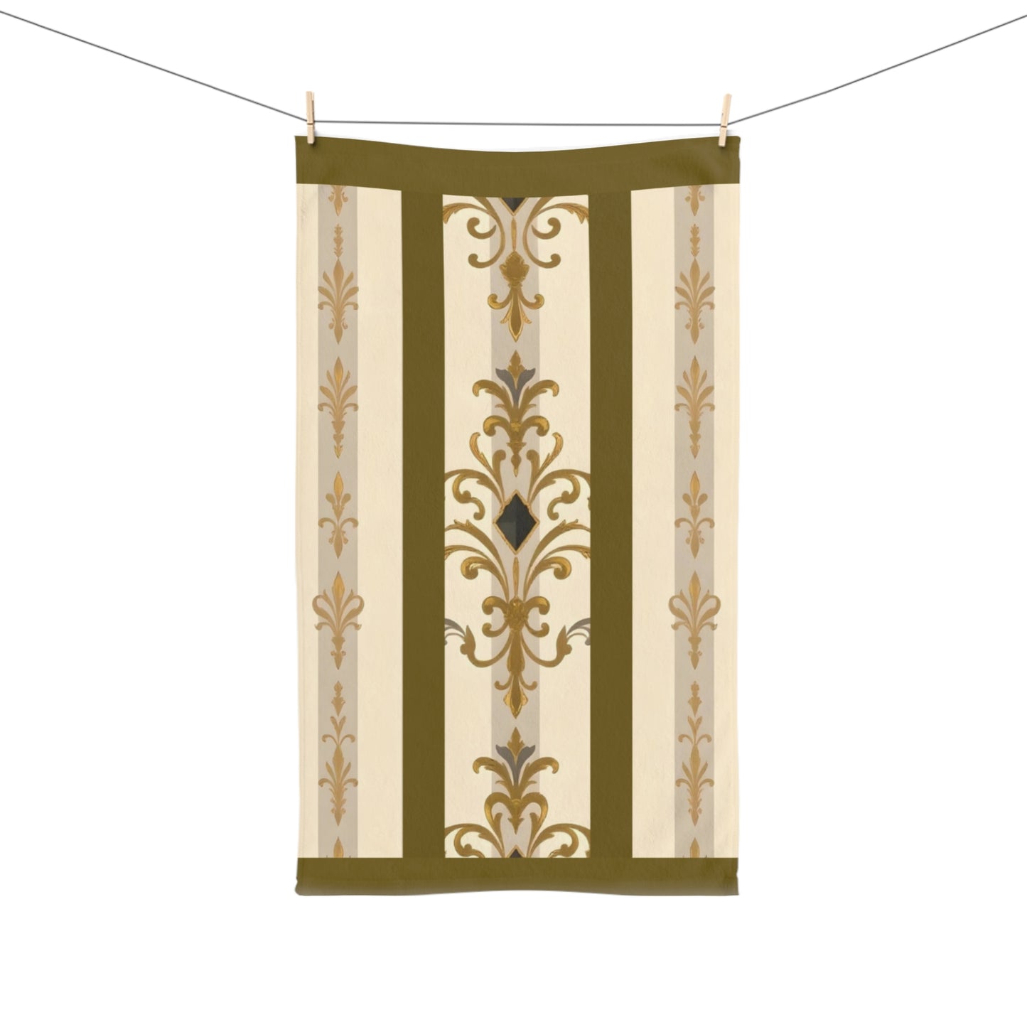Luxurious Ornate Hand Towel - Elegant Home Décor - Olive Striped Gold Damask