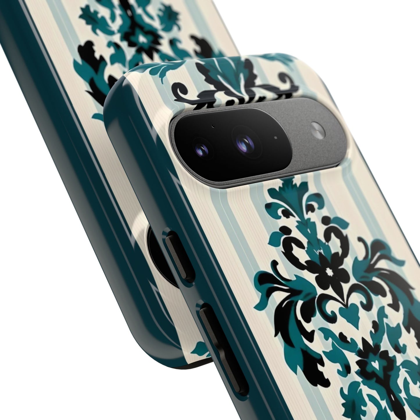 Elegant Floral Phone Case - Tough Cases with Vintage Design - Teal Striped Damask