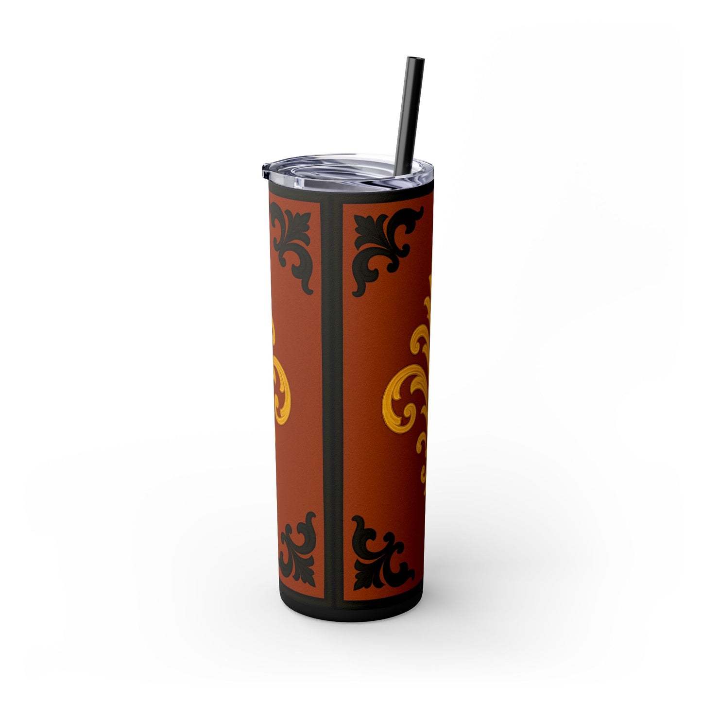 Dusk Terracotta Baroque 20oz Skinny Tumbler with Straw — Vintage Gold Baroque Design