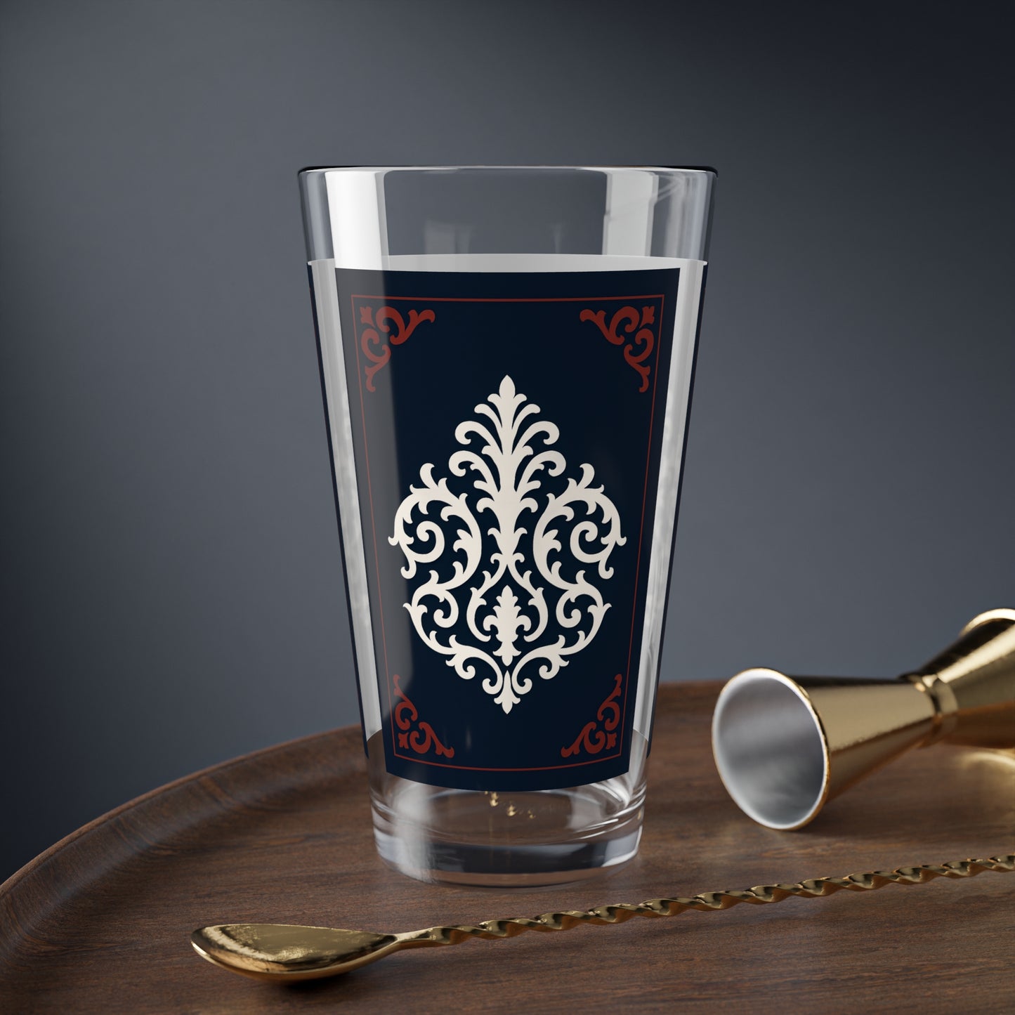 Dusk Blue-Maroon & White Baroque Barware Mixing Glass — 16oz Vintage Baroque Cocktail Glass