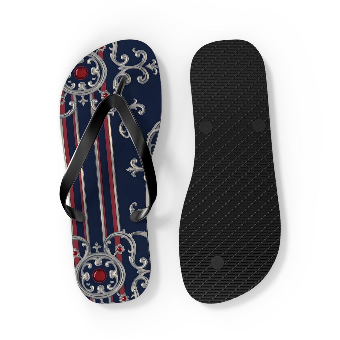 Elegant Nautical Flip Flops | Perfect for Beach Days, Summer Parties, Travel, Vacation, Poolside Relaxation - Blue & Red Striped Silver Baroque