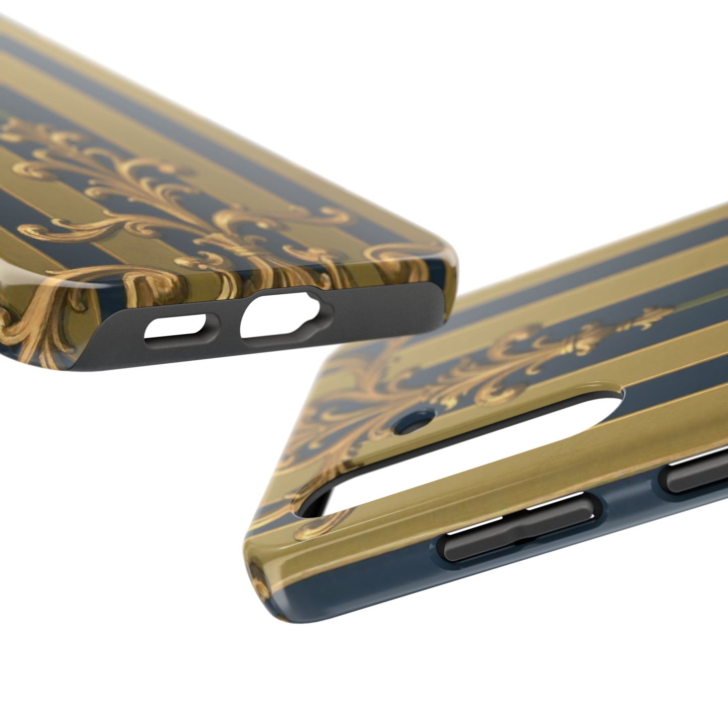 Elegant Midnight Blue & Olive Striped Gold Baroque Tough Phone Case, Phone Cover, Durable Case for Protection, Stylish Gift for Him/Her