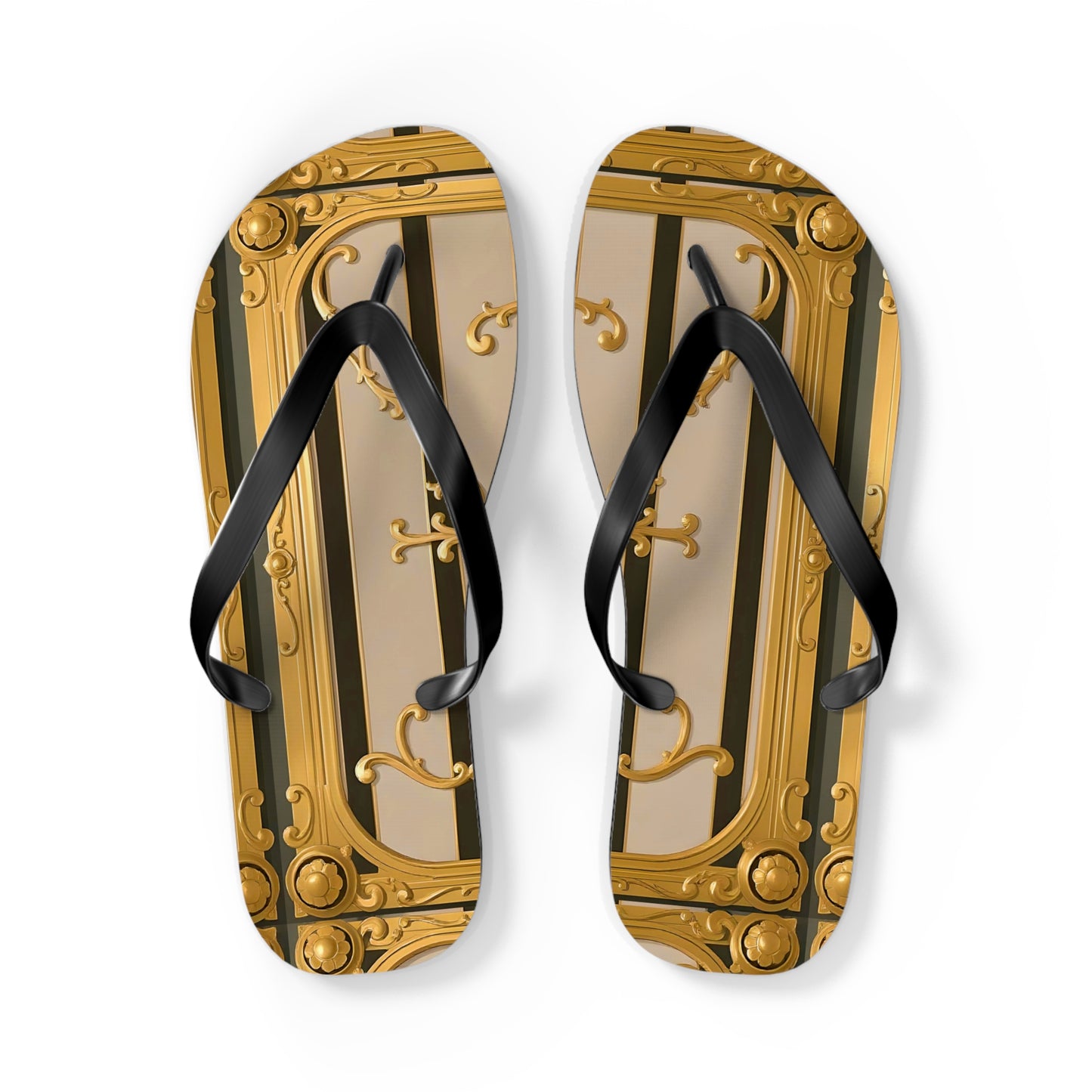 Elegant Golden Flip Flops, Summer Footwear, Beach Sandals, Vacation Essentials, Gift for Her - Beige Striped Gold Rococo