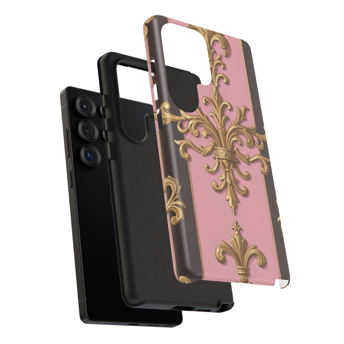 Elegant Floral Motif Phone Case - Tough Cases with Vintage Design - Pink & Brown Striped Gold Damask