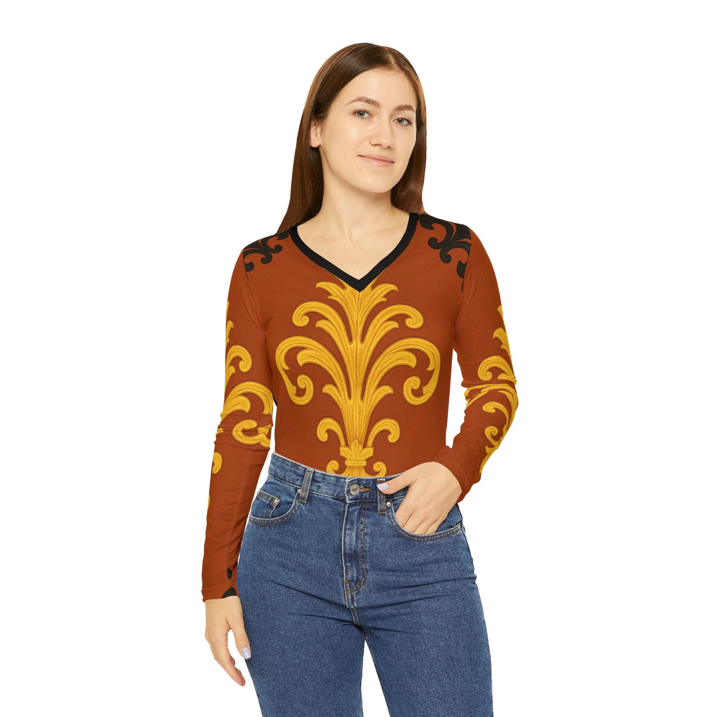 Dusk Terracotta Baroque Women's V-Neck Long Sleeve — Baroque Pattern Shirt