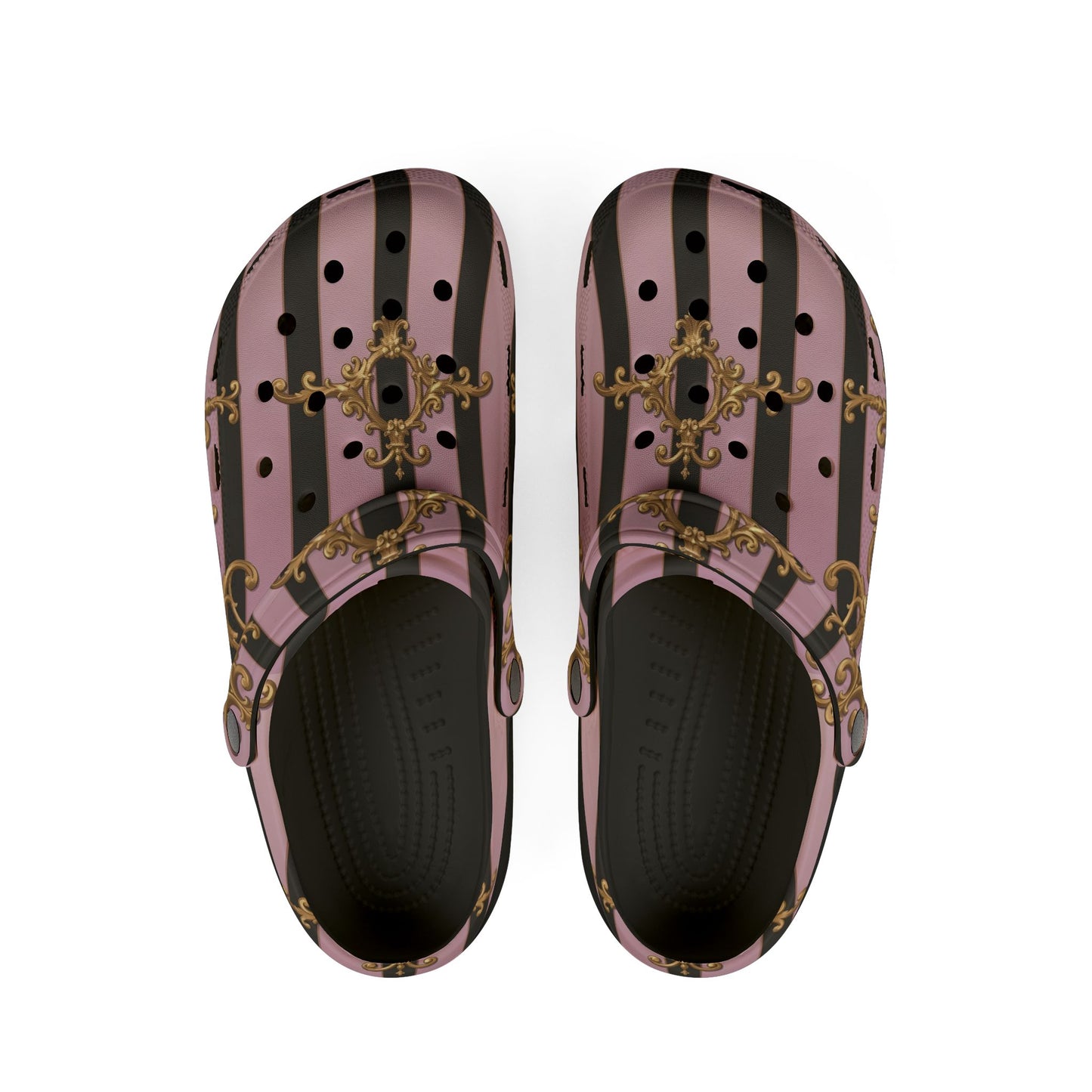 Chic Patterned EVA Foam Clogs, Stylish Garden Shoes, Fun Slip-On Footwear, Trendy Indoor - Matte Lavender & Black Striped Gold Baroque