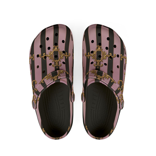 Chic Patterned EVA Foam Clogs, Stylish Garden Shoes, Fun Slip-On Footwear, Trendy Indoor - Matte Lavender & Black Striped Gold Baroque