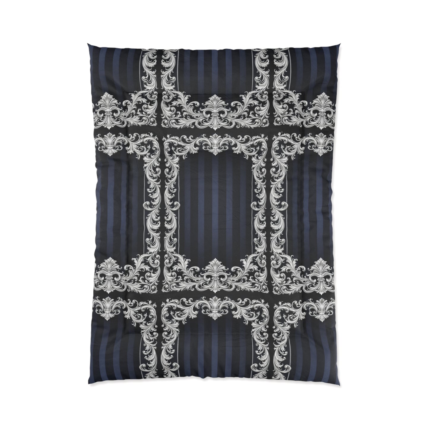 Navy Stripes & Baroque Comforter — Navy & Silver Baroque Bedroom Bedding