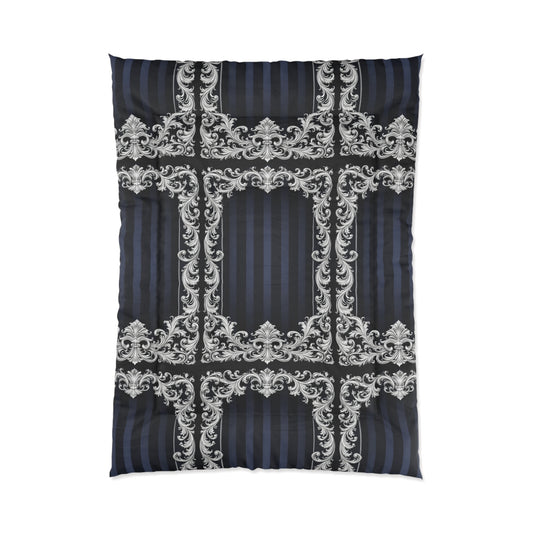 Navy Stripes & Baroque Comforter — Navy & Silver Baroque Bedroom Bedding