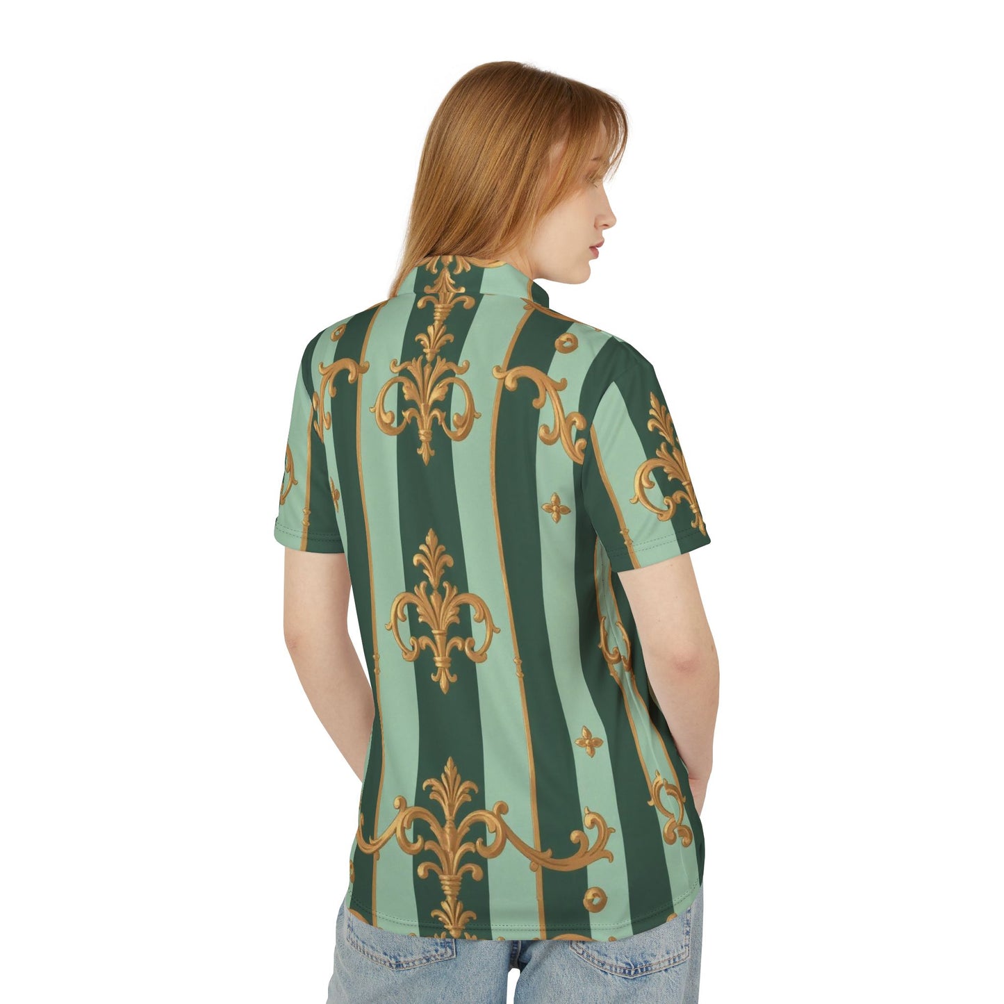 Elegant Patterned Unisex Polo Shirt, Stylish Polo, Casual Shirt, Summer Essential, Gift for Him/Her - Mint Green & Teal Striped Gold Baroque