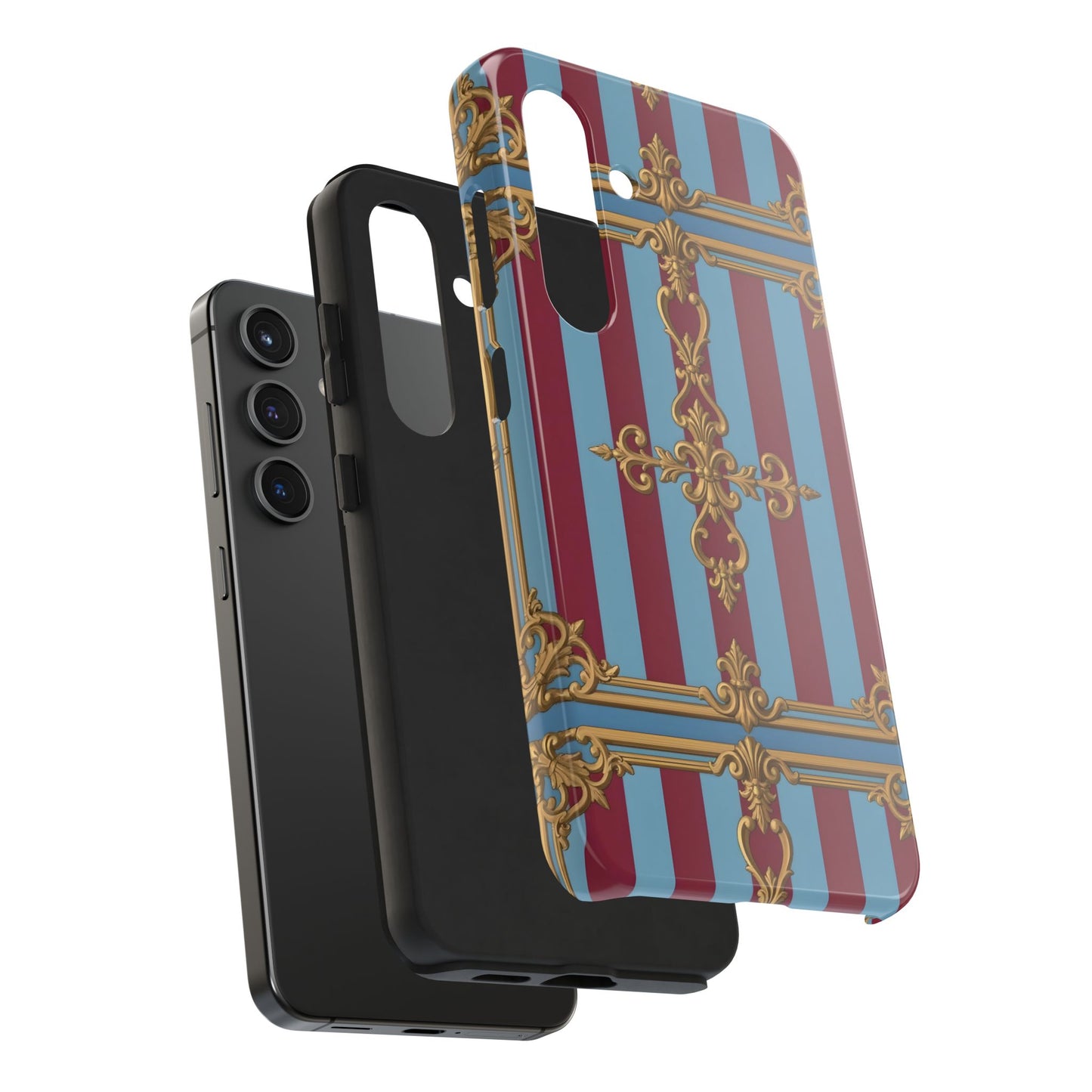 Elegant Patterned Tough Phone Cases, Stylish Phone Cover, Durable Phone Protection, Unique Gift Idea - Sky Blue & Maroon Striped Baroque