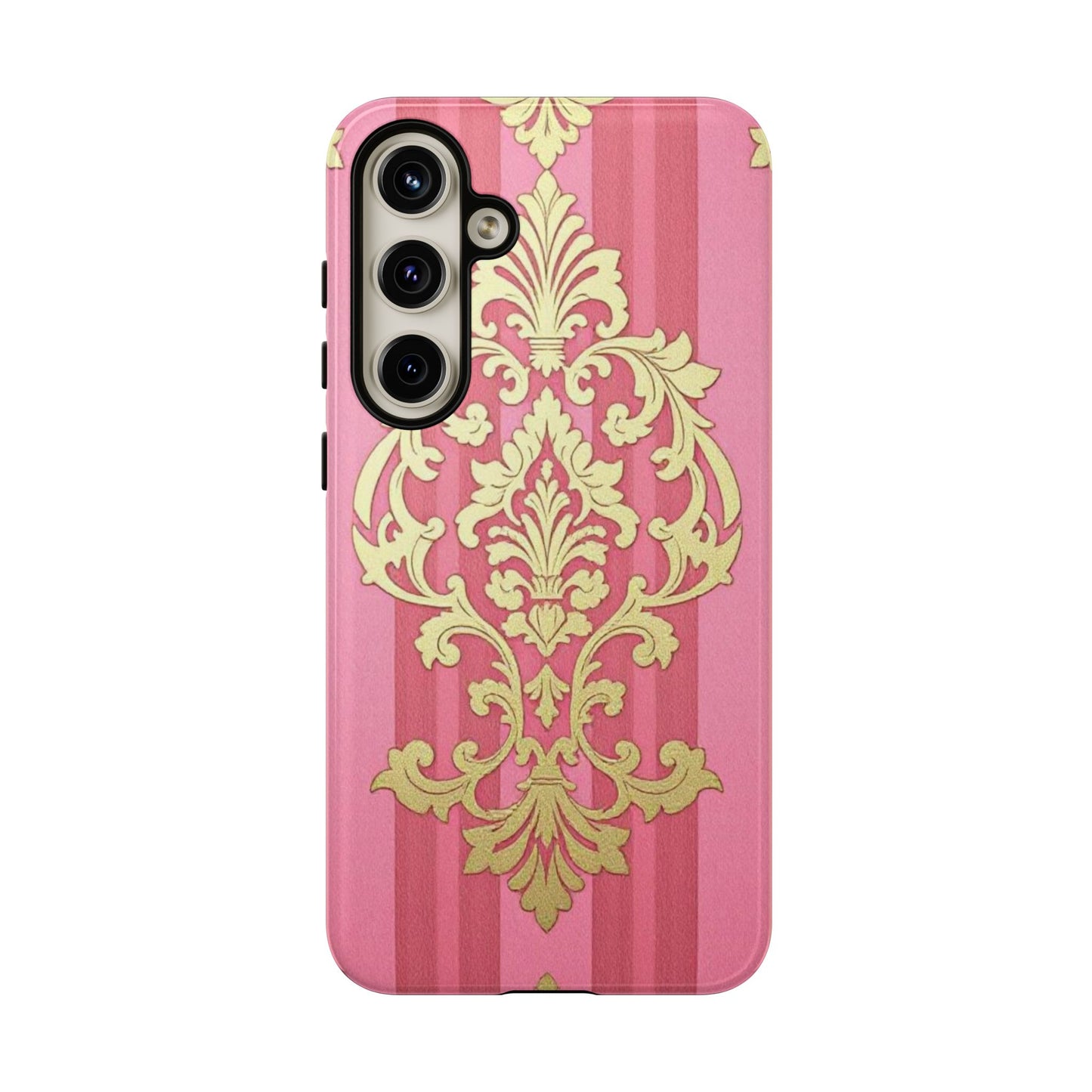 Elegant Floral Motif Phone Case - Tough Cases with Vintage Design - Pink Striped Damask
