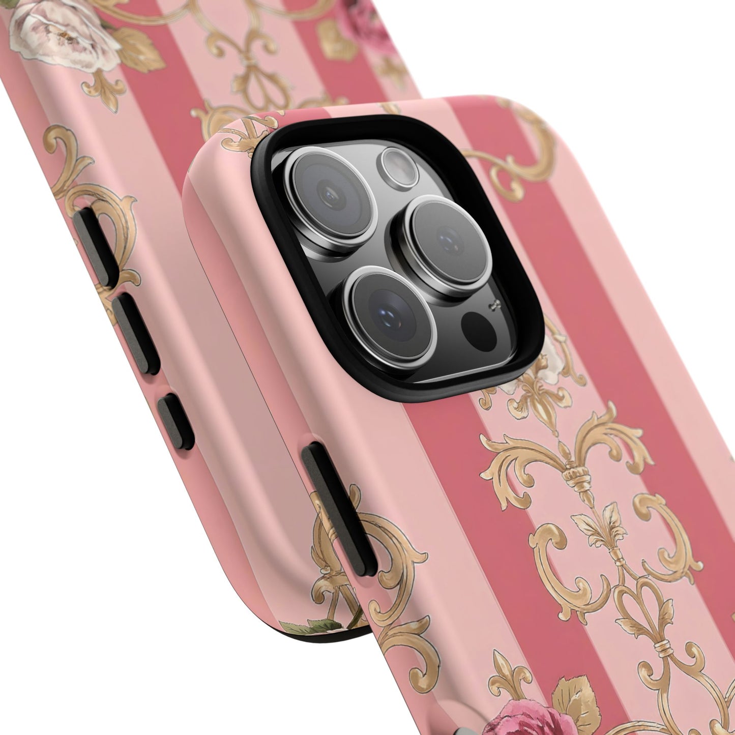 Elegant Floral Motif Phone Case - Tough Cases with Vintage Design - Pink Striped Roses & Damask