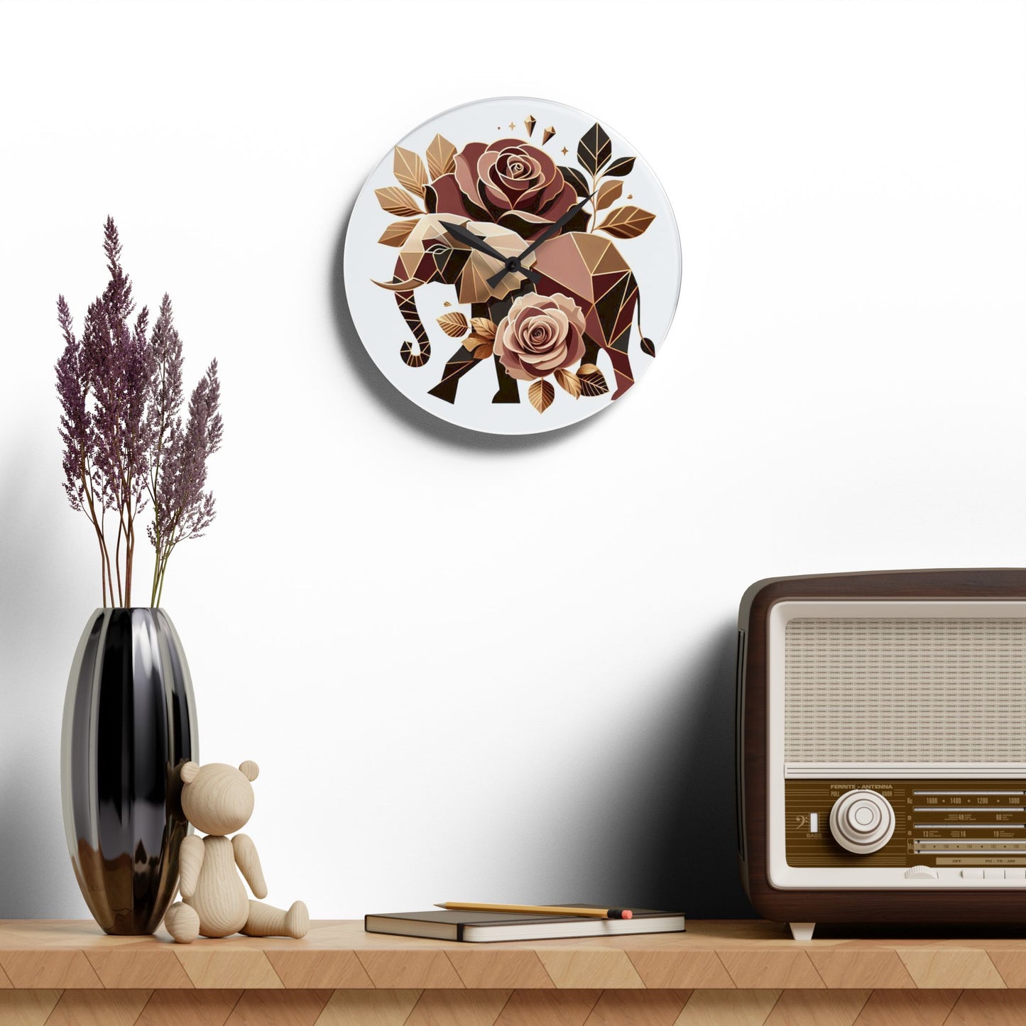 Bohemian Elephant-Inspired Acrylic Wall Clock with Floral Design - Brown & Gold Elephant & Roses Design