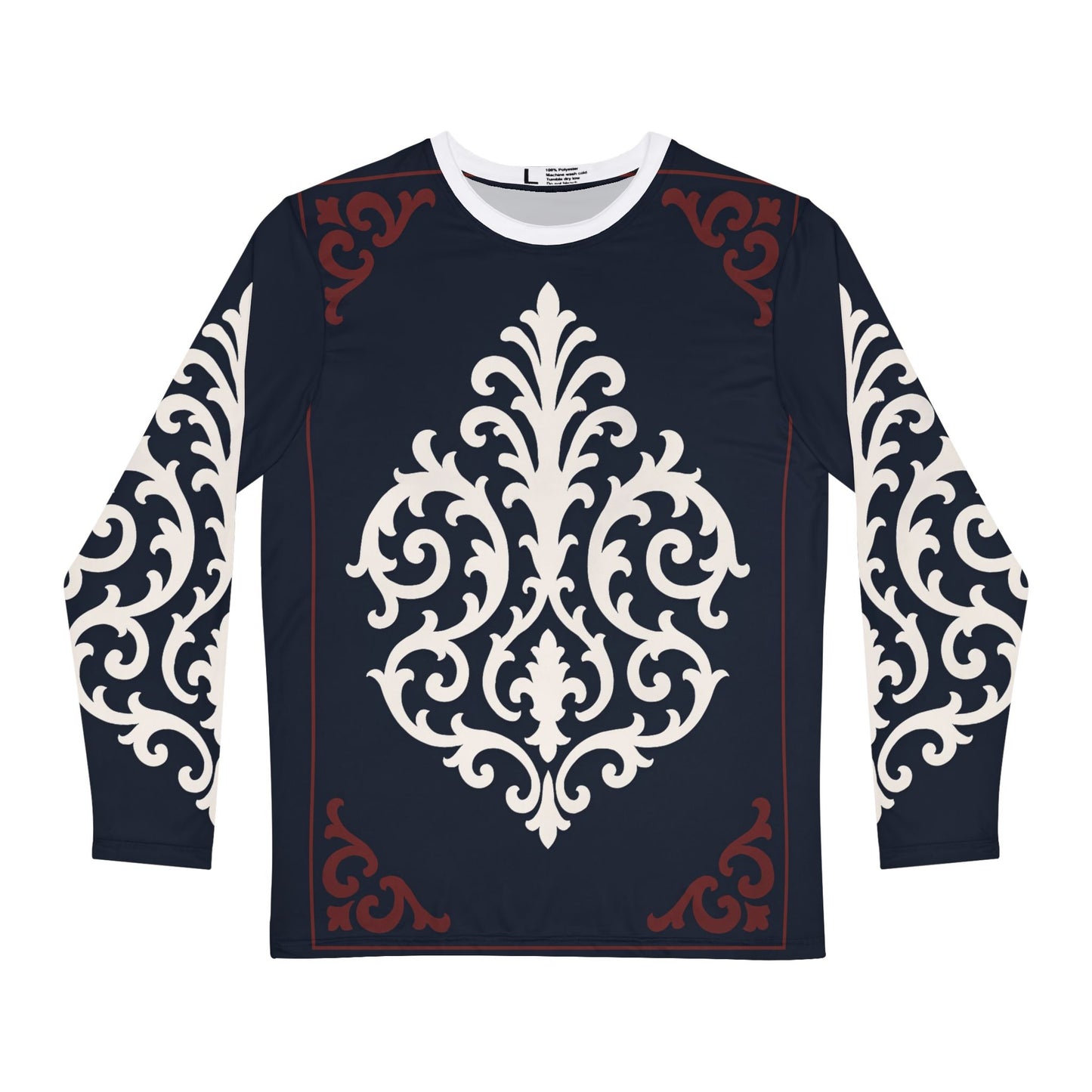 Dusk Blue & Maroon-White Baroque Long Sleeve Shirt — Classic Ornamental Men’s Top
