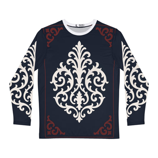 Dusk Blue & Maroon-White Baroque Long Sleeve Shirt — Classic Ornamental Men’s Top