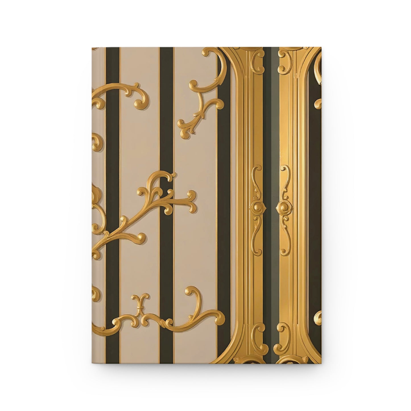 Elegant Antique Hardcover Journal for Writing, Gifts, Bullet Journals, Personalized Stationery - Beige Striped Gold Rococo