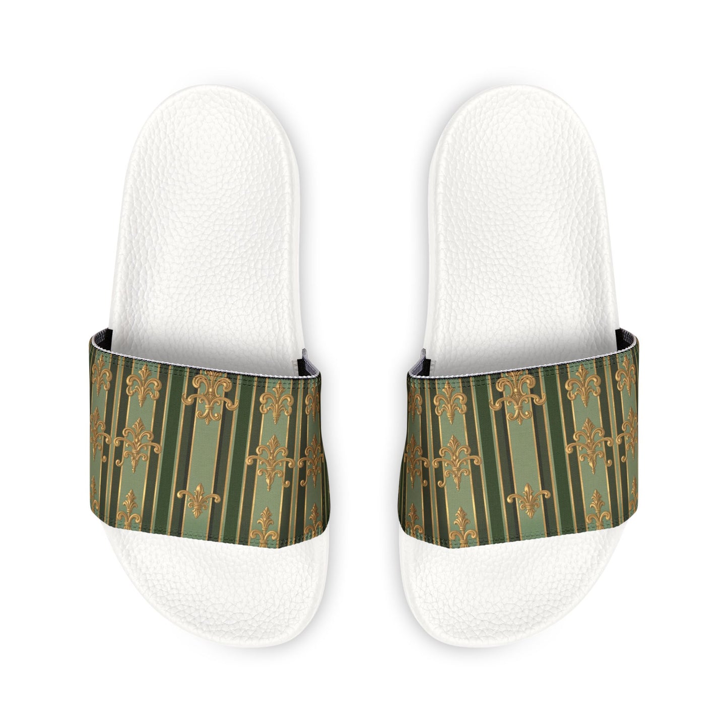 Stylish Removable-Strap Sandals for Women, Trendy Summer Footwear, Gift for Her, Casual Slip-Ons - Green Striped Gold Baroque